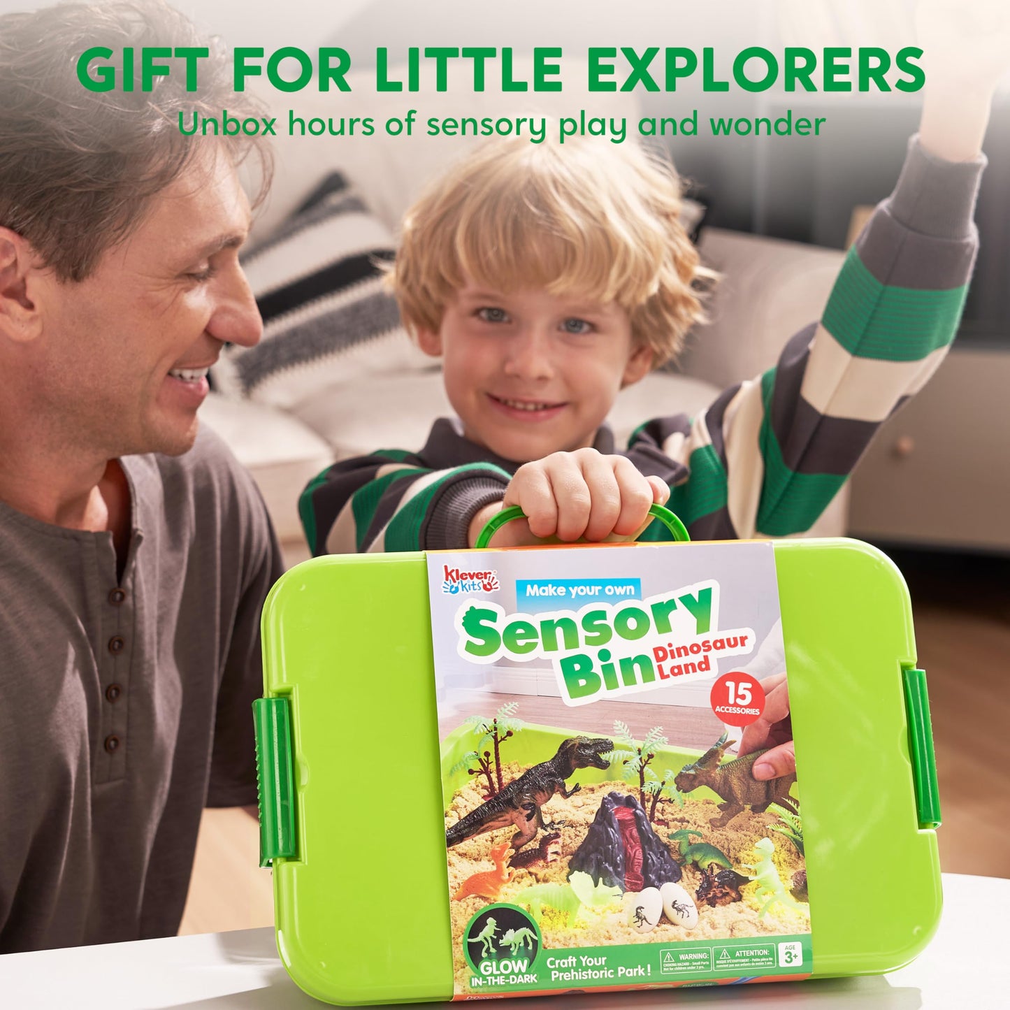Klever Kits Dinosaurs Sensory Bin for Toddlers – Glow-in-the-Dark Skeletons, Sand Sandbox