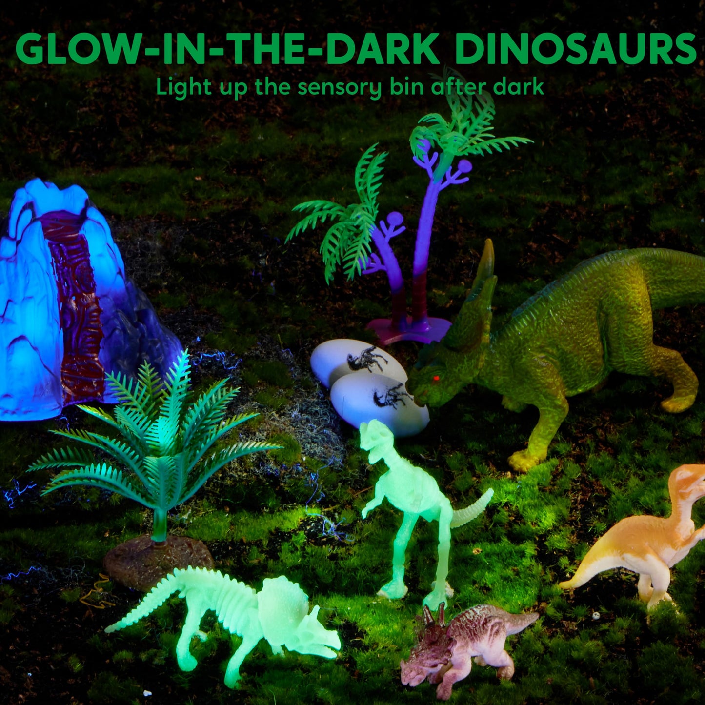 Klever Kits Dinosaurs Sensory Bin for Toddlers – Glow-in-the-Dark Skeletons, Sand Sandbox