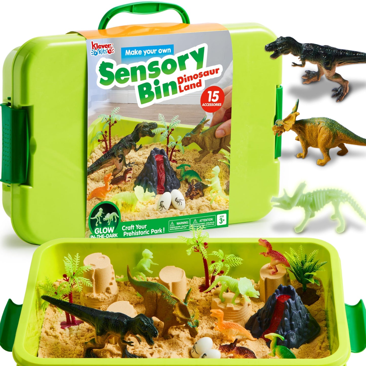 Klever Kits Dinosaurs Sensory Bin for Toddlers – Glow-in-the-Dark Skeletons, Sand Sandbox