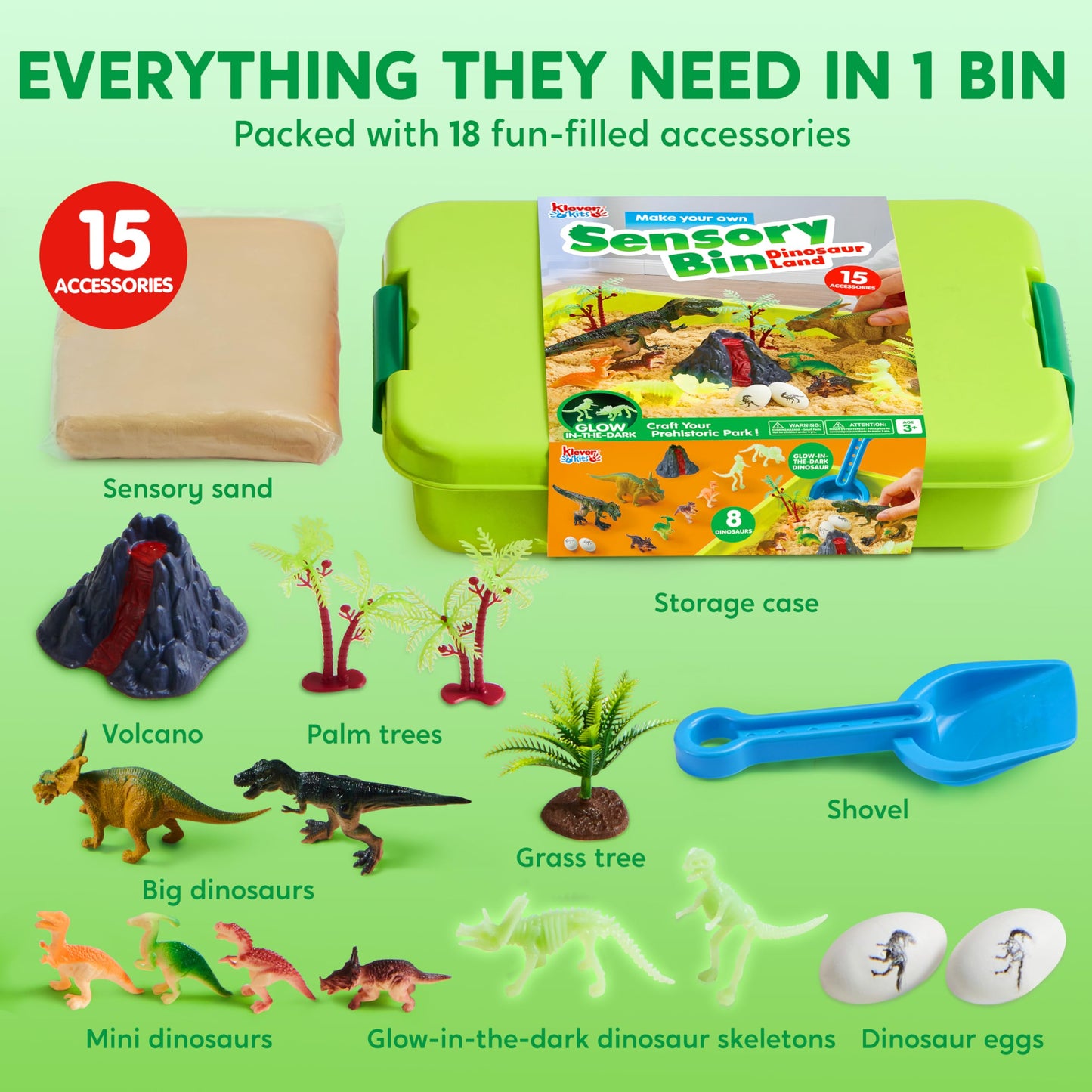 Klever Kits Dinosaurs Sensory Bin for Toddlers – Glow-in-the-Dark Skeletons, Sand Sandbox