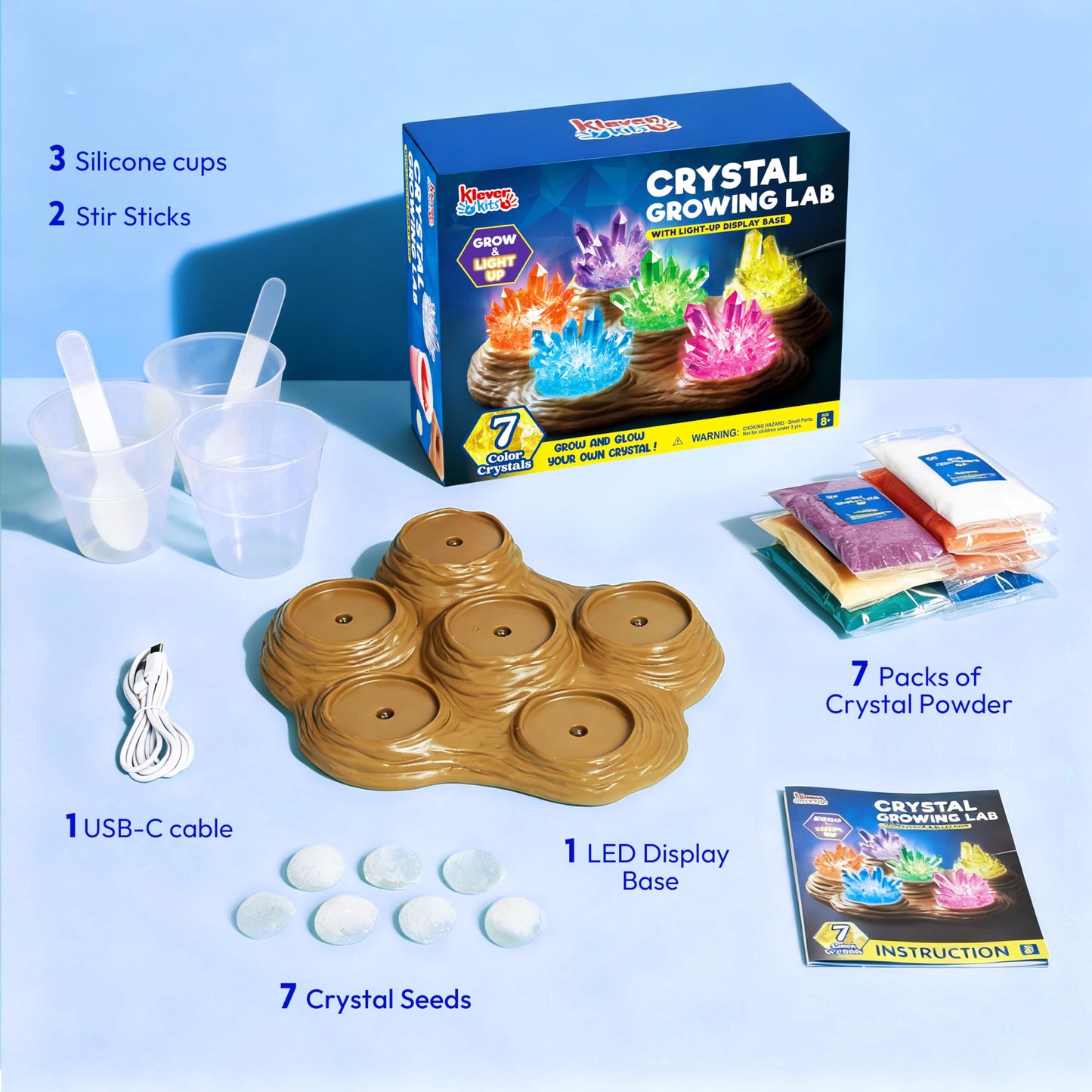 Klever Kits Crystal Growing Lab – 7-Color Kit with Light-Up Base for Kids 8-12 | STEM Toy by Jova