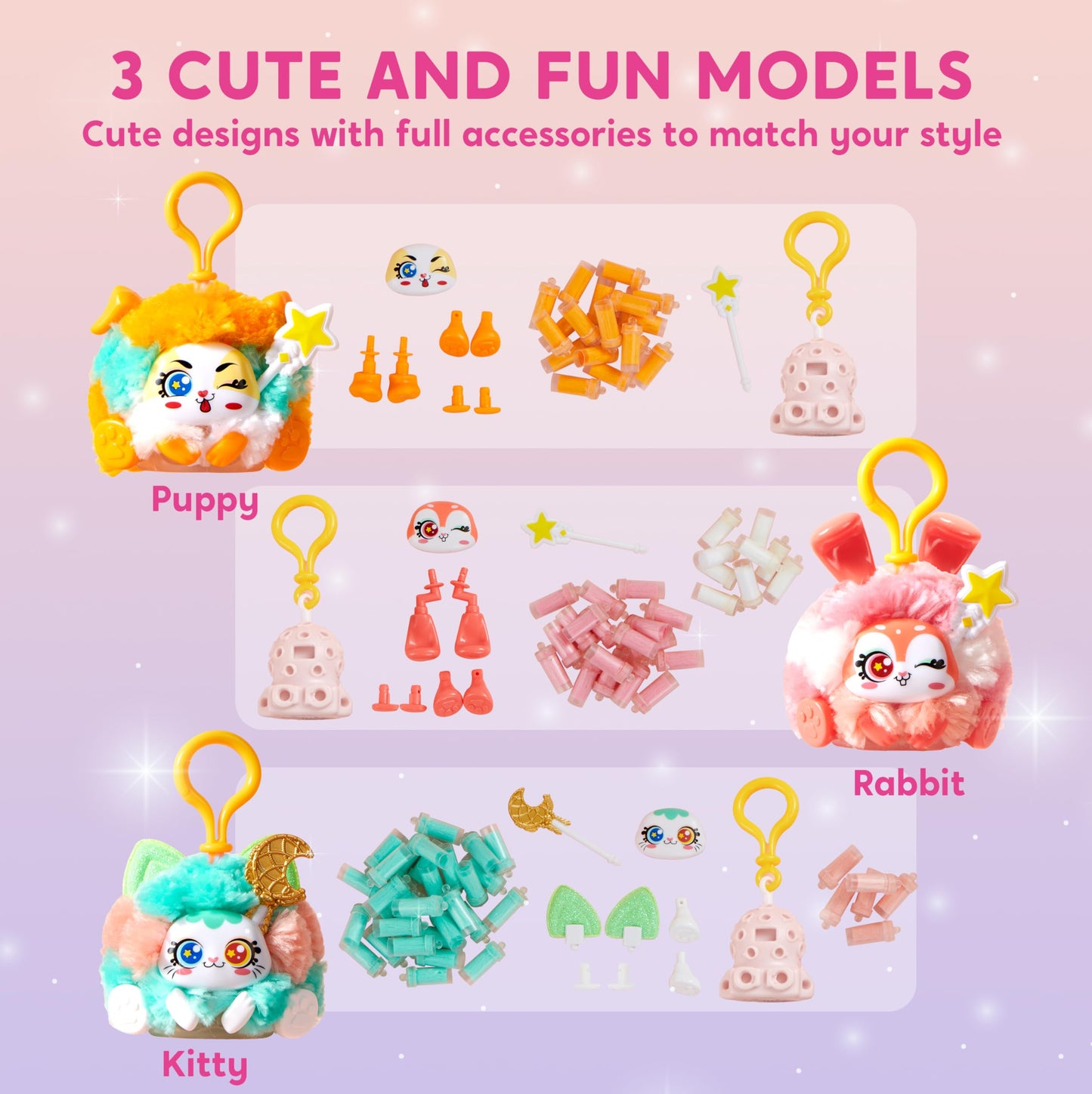 Klever Kits DIY Plush Keychain Craft Kit – 3-Model Set for Kids 6+ (Kit Includes Kitty, Puppy & Rabbit)