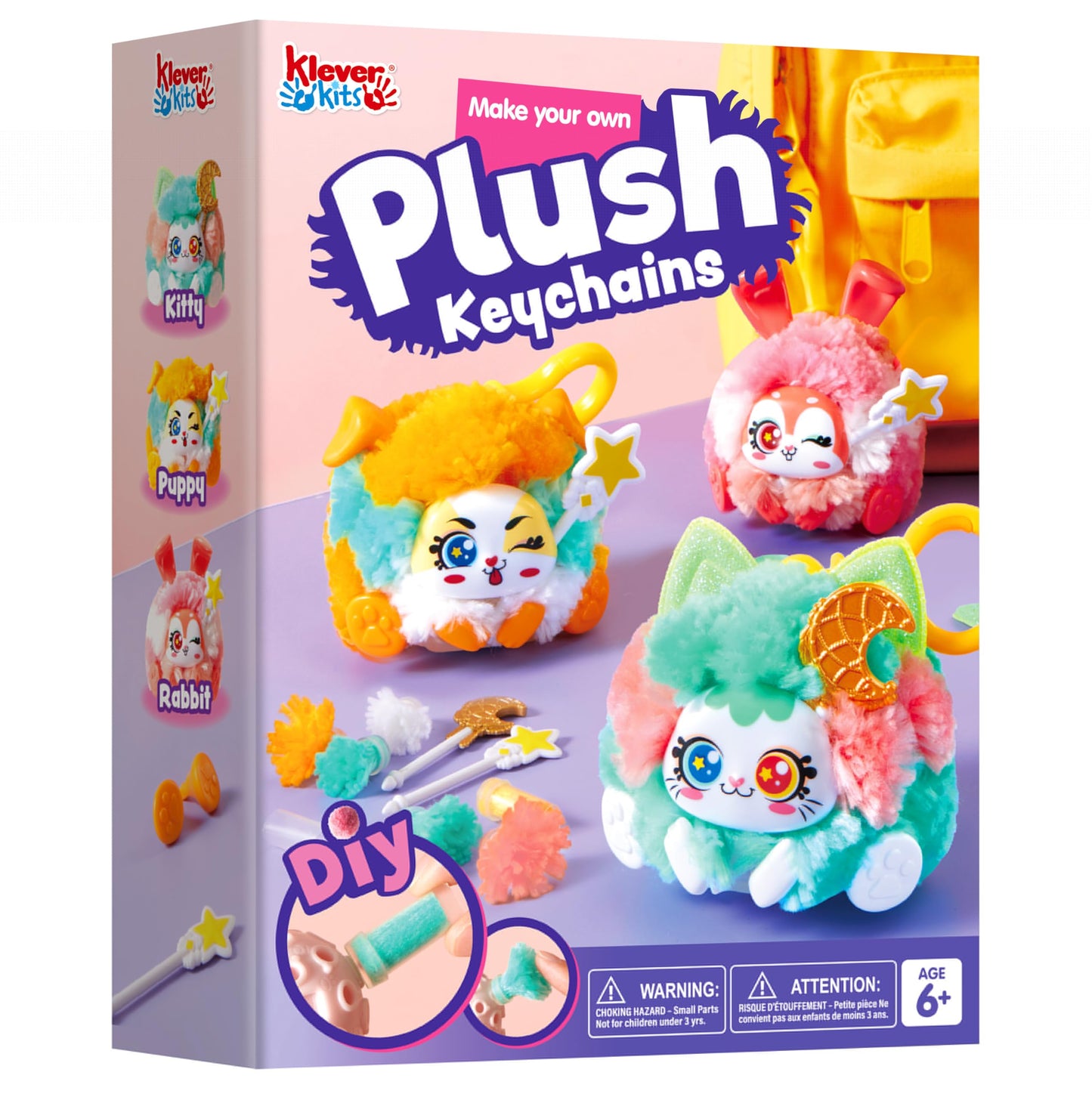 Klever Kits DIY Plush Keychain Craft Kit – 3-Model Set for Kids 6+ (Kit Includes Kitty, Puppy & Rabbit)