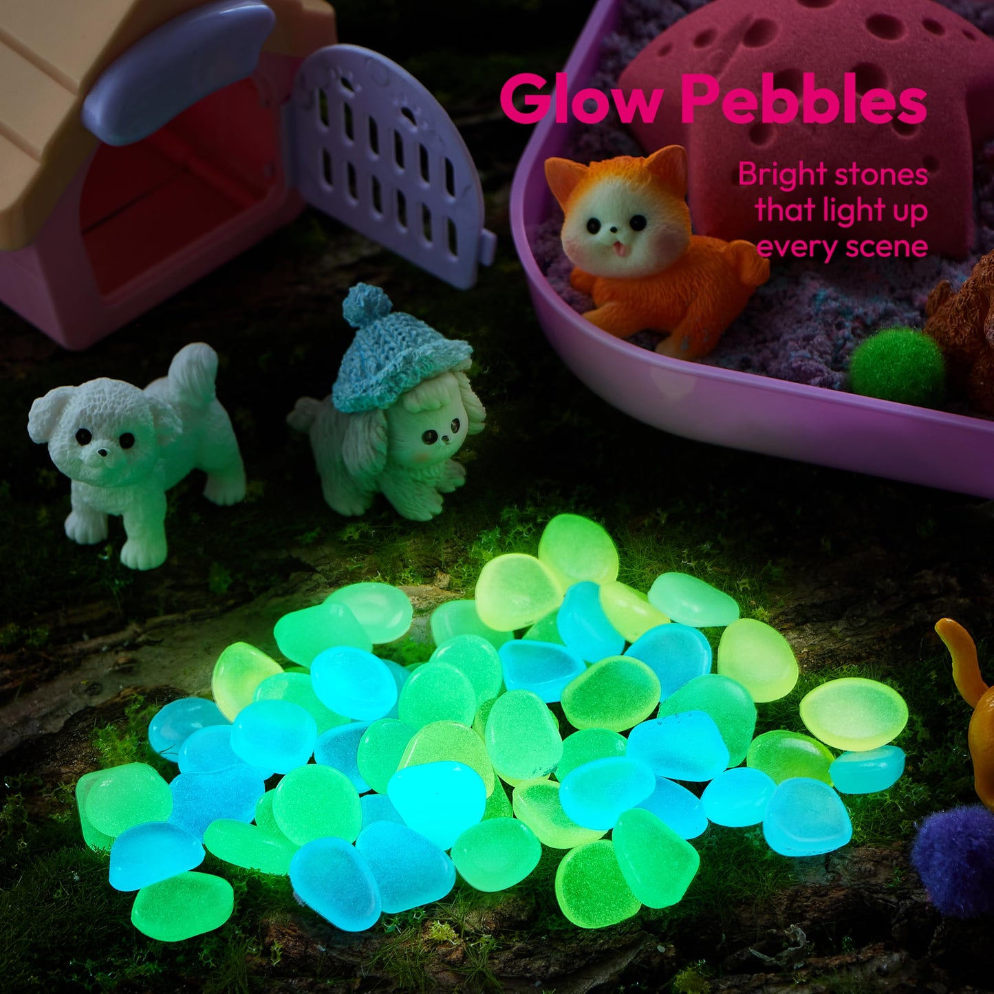 Klever Kits Pet Sensory Bin for Toddlers – Glow-in-the-Dark Stones & Dual-Color Sand Sandbox with Lid by JOVA