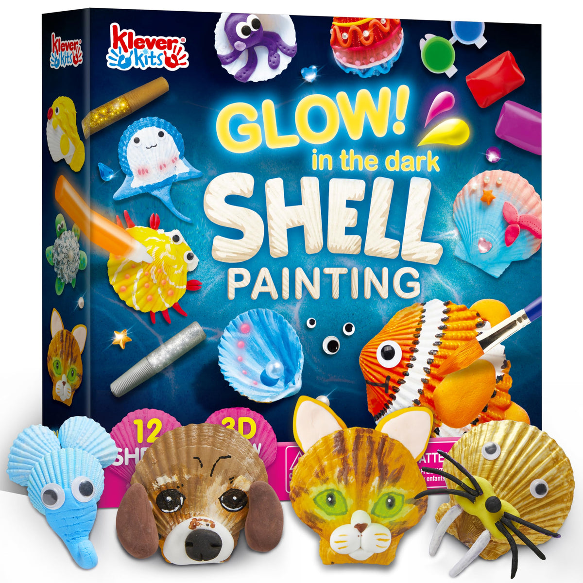 Klever Kits 12 Glow-in-the-Dark Sea Shell Painting Kit – Arts & Crafts for Kids 6-12