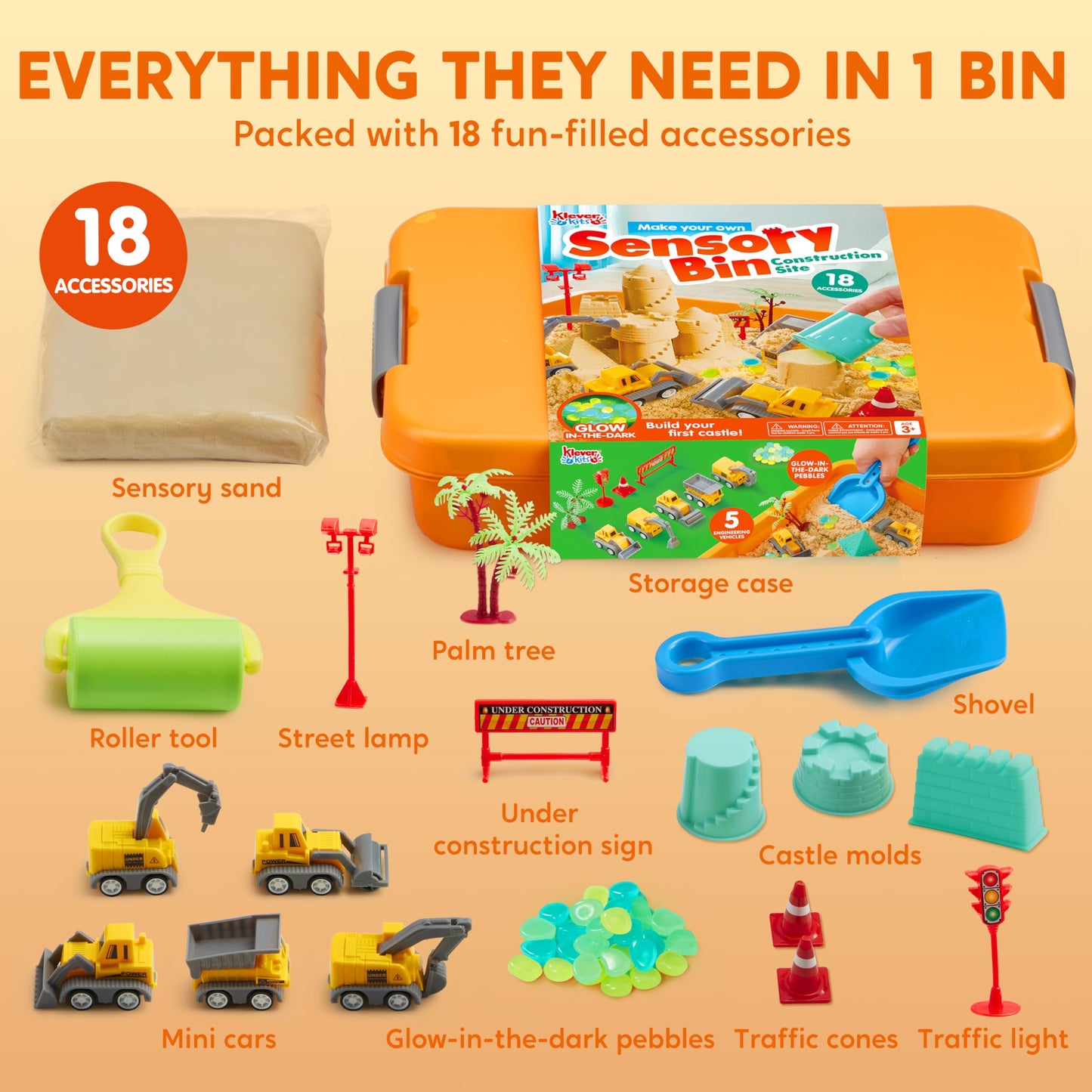 Klever Kits Construction Sensory Bin for Toddlers — Glow-in-the-Dark Stones & Castle Building Kit by JOVA