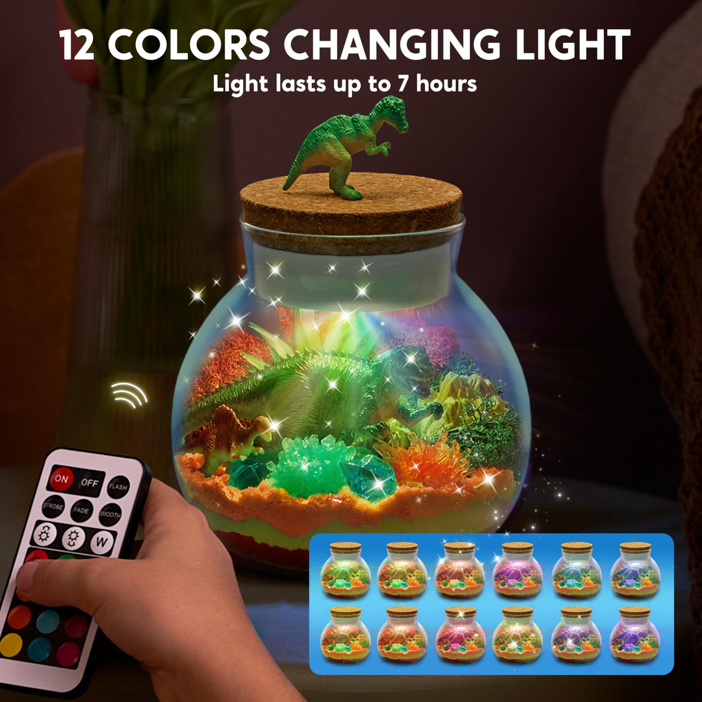 Klever Kits Dinosaur Crystal Terrarium Kit with 12-Color LED Night Light | Kids Craft & STEM