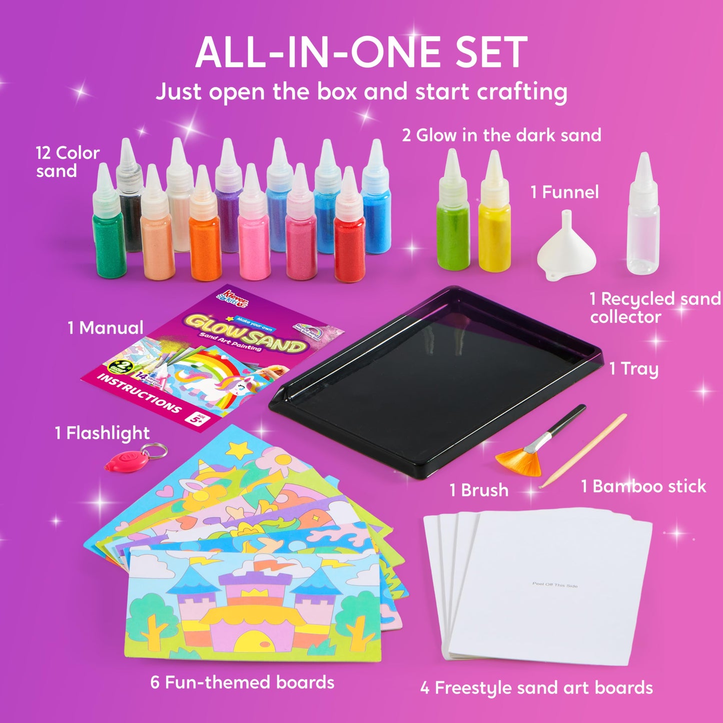 Klever Kits Glow Sand Art Kit for Kids – 14 Colors, 6 Templates, Glow in the Dark