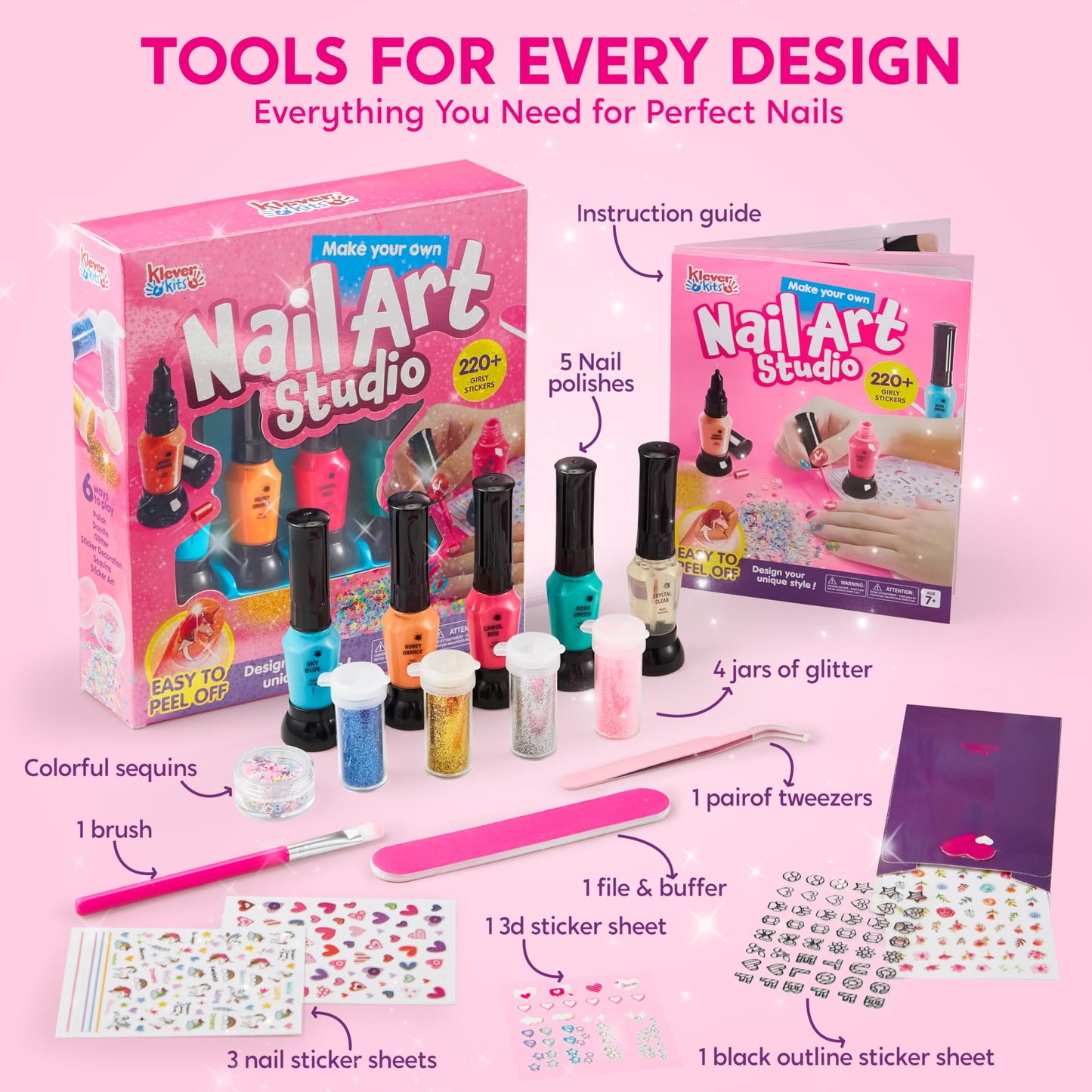 Klever Kits Kids Nail Polish Set & Nail Art Kit for Girls by JOVA – Glitter, Stickers, Peel Off & Quick Dry