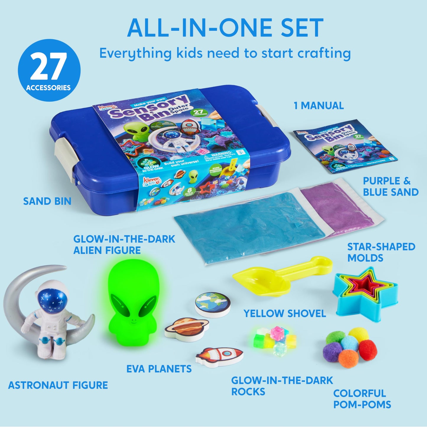 Klever Kits Outer Space Sensory Bin for Toddlers by JOVA – Glow-in-the-Dark Alien & Dual-Color Sand