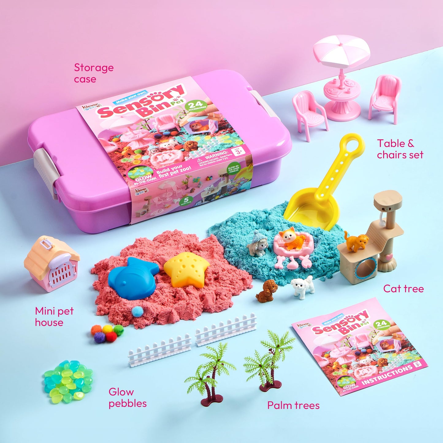 Klever Kits Pet Sensory Bin for Toddlers – Glow-in-the-Dark Stones & Dual-Color Sand Sandbox with Lid by JOVA
