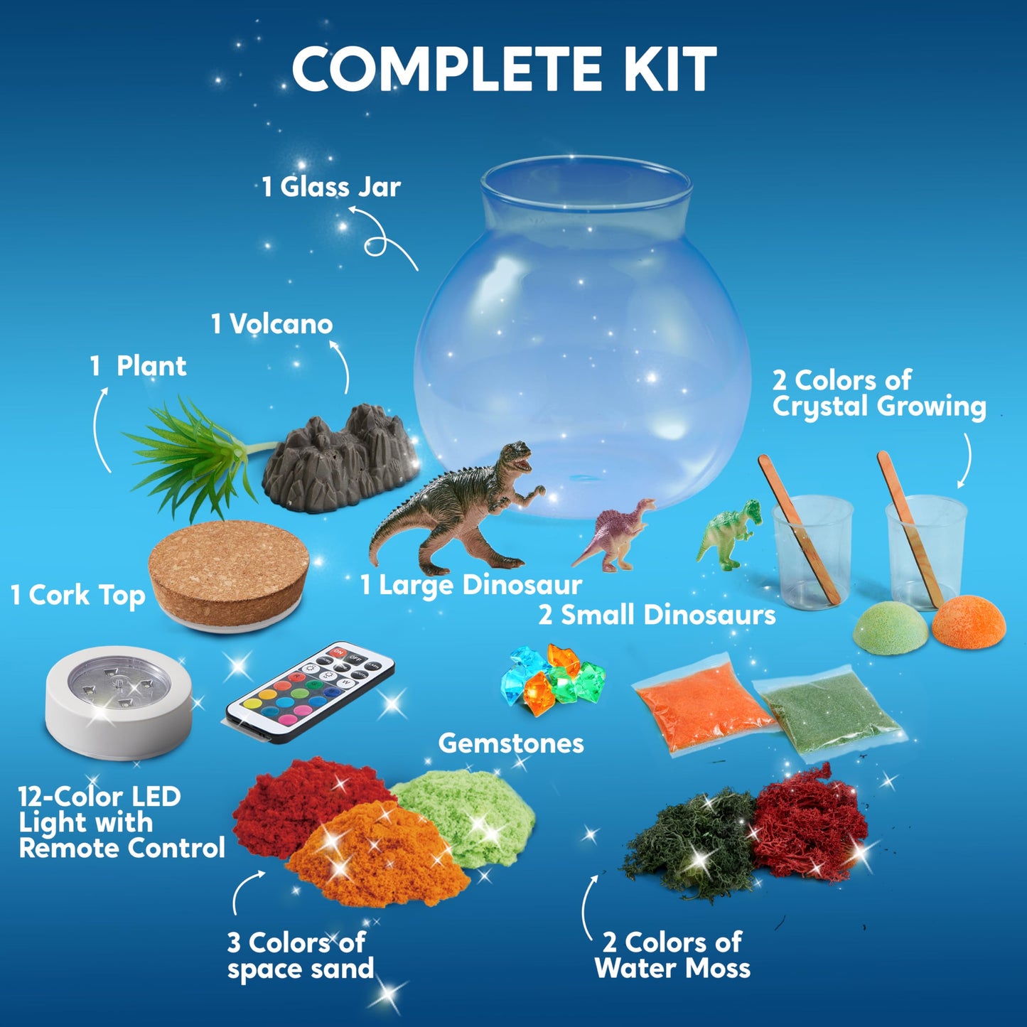 Klever Kits Dinosaur Crystal Terrarium Kit with 12-Color LED Night Light | Kids Craft & STEM