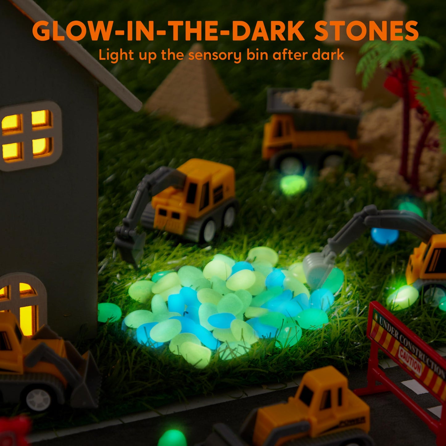 Klever Kits Construction Sensory Bin for Toddlers — Glow-in-the-Dark Stones & Castle Building Kit by JOVA