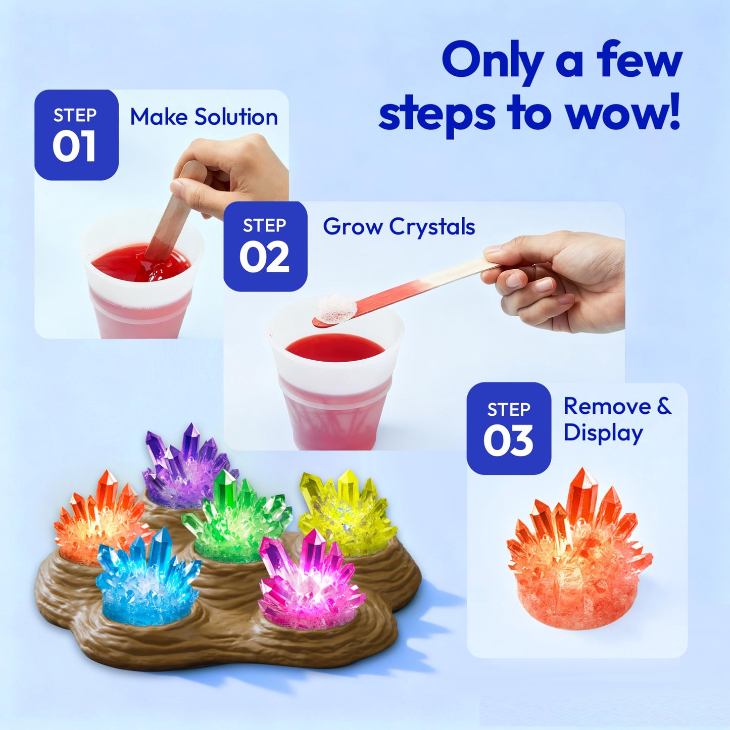 Klever Kits Crystal Growing Lab – 7-Color Kit with Light-Up Base for Kids 8-12 | STEM Toy by Jova