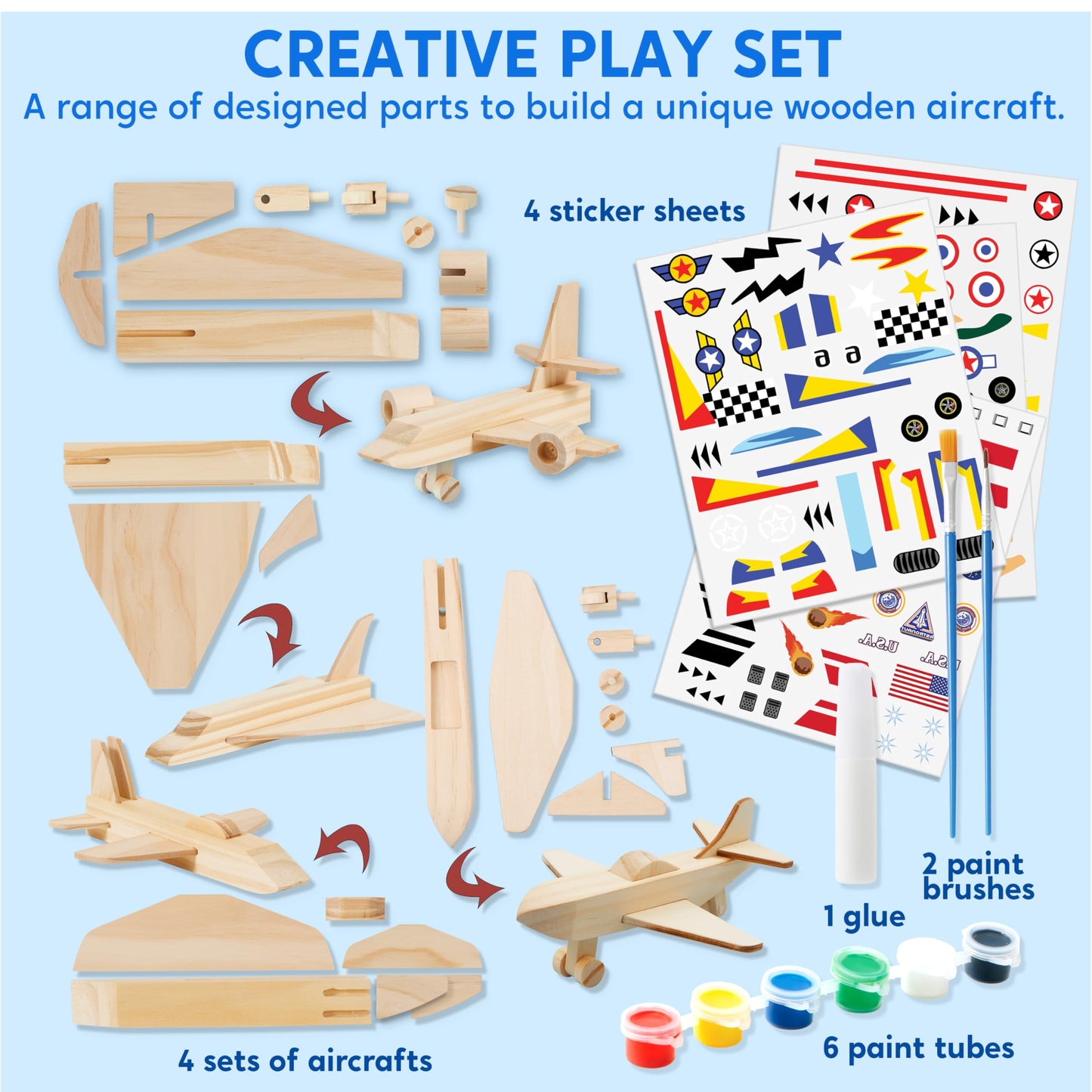 Klever Kits: 4 DIY Wooden Aircrafts - Build & Paint Your Own Airplane Craft Kit