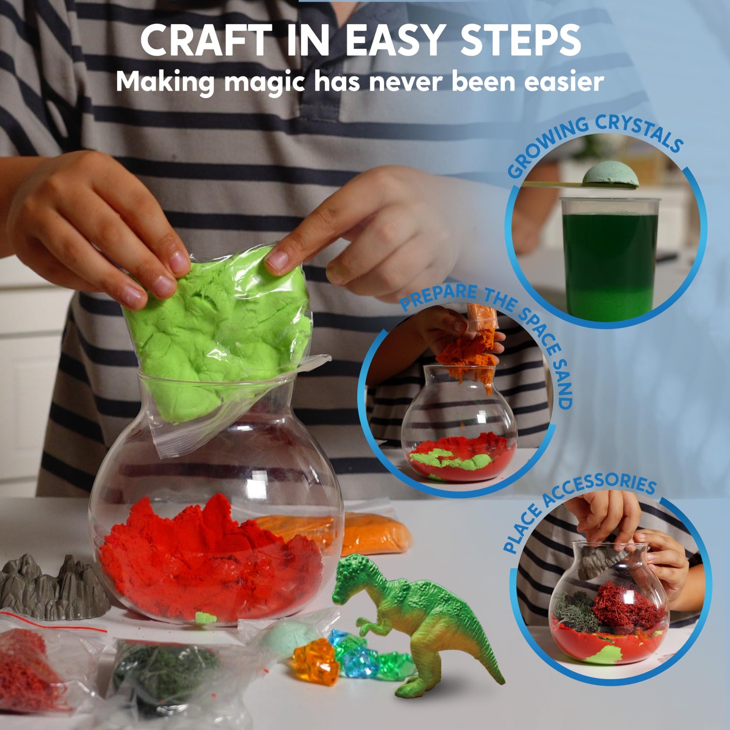 Klever Kits Dinosaur Crystal Terrarium Kit with 12-Color LED Night Light | Kids Craft & STEM