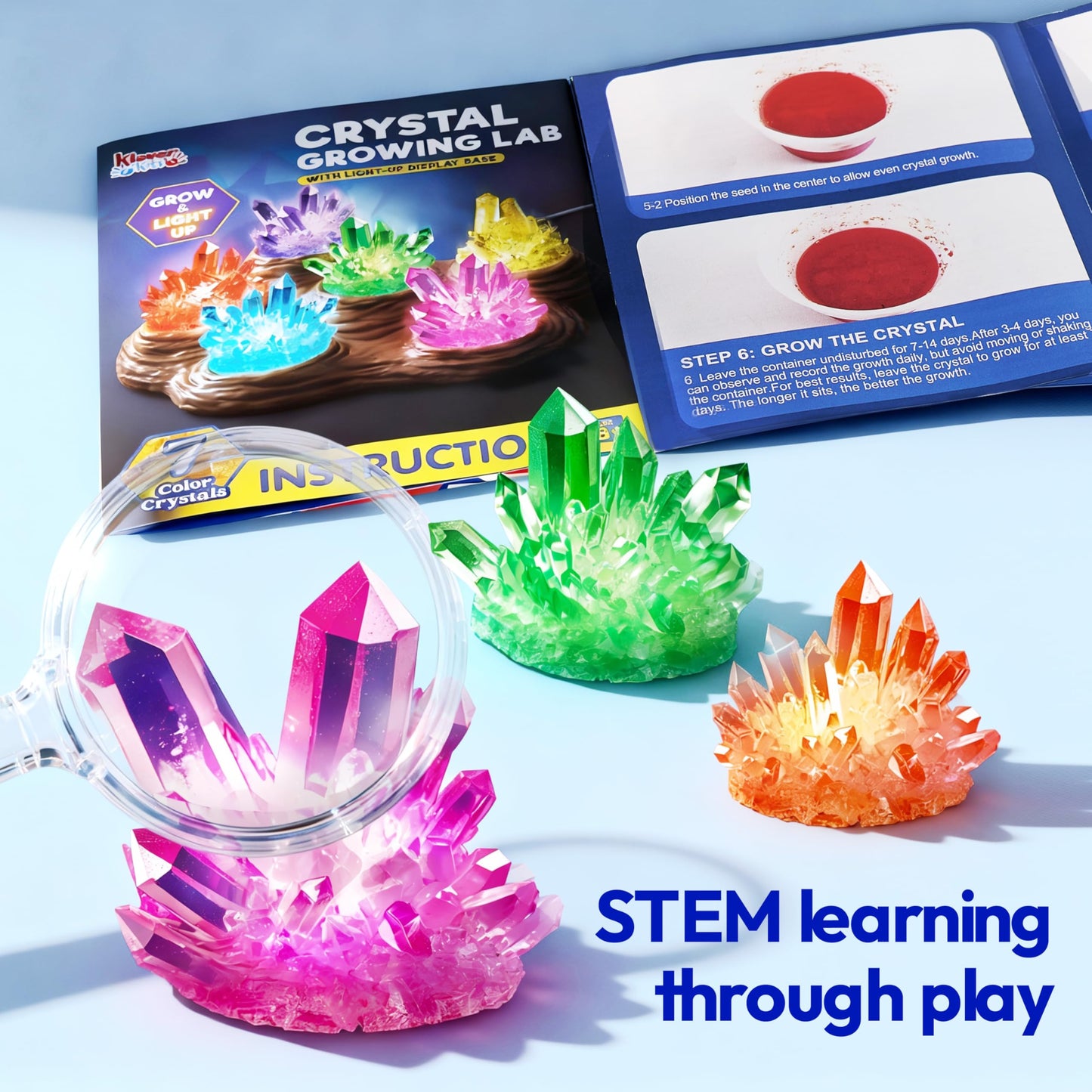 Klever Kits Crystal Growing Lab – 7-Color Kit with Light-Up Base for Kids 8-12 | STEM Toy by Jova