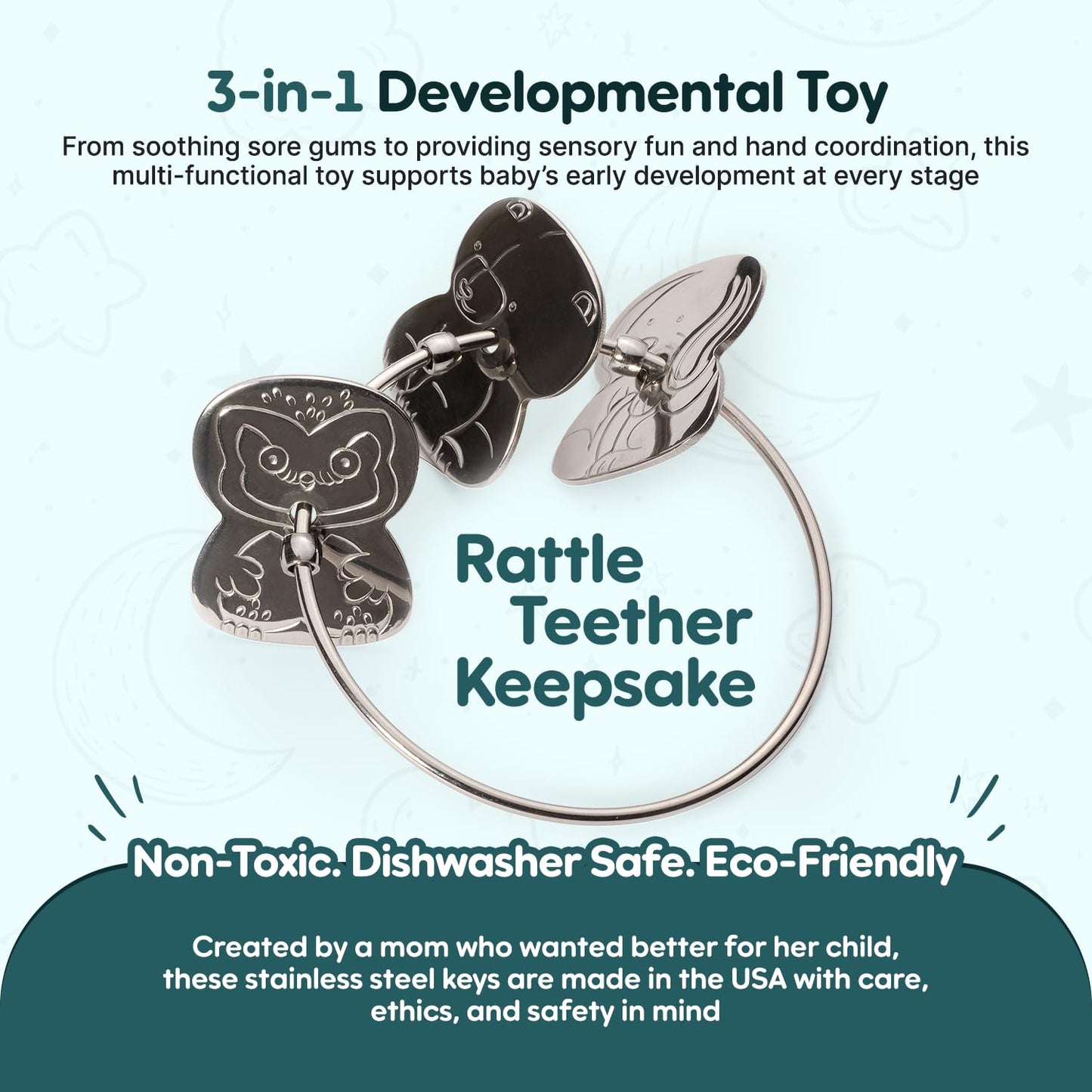 Kleynimals Clean Key Animals: USA-Made Stainless Steel Toy Keys – Baby Rattle & Teether