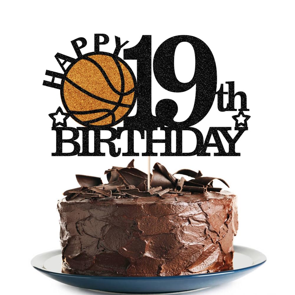 Klionjor Basketball 19th Birthday Topper - Black Glitter | Sports Theme Party Decor