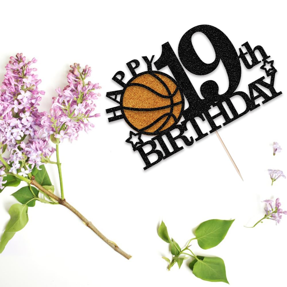 Klionjor Basketball 19th Birthday Topper - Black Glitter | Sports Theme Party Decor