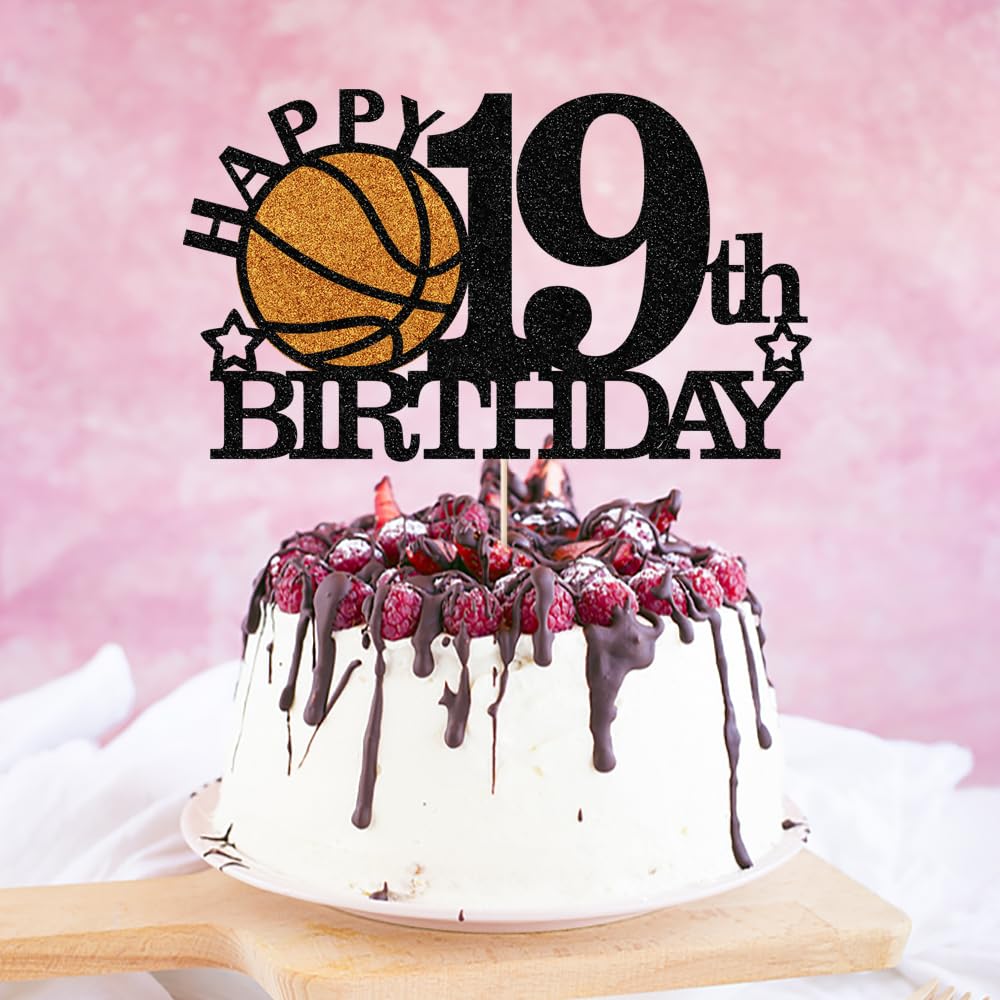 Klionjor Basketball 19th Birthday Topper - Black Glitter | Sports Theme Party Decor