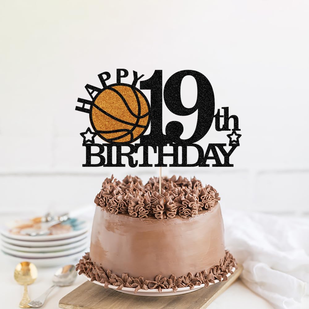 Klionjor Basketball 19th Birthday Topper - Black Glitter | Sports Theme Party Decor