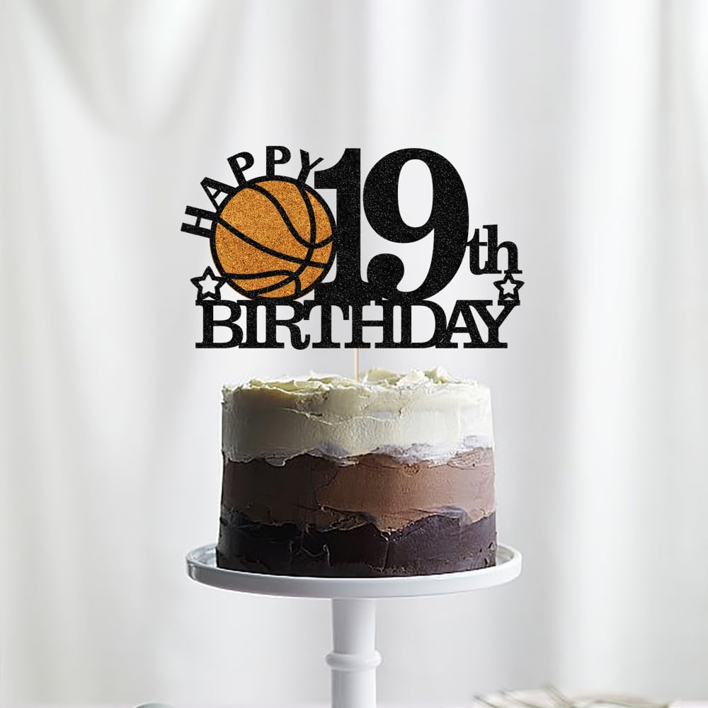 Klionjor Basketball 19th Birthday Topper - Black Glitter | Sports Theme Party Decor