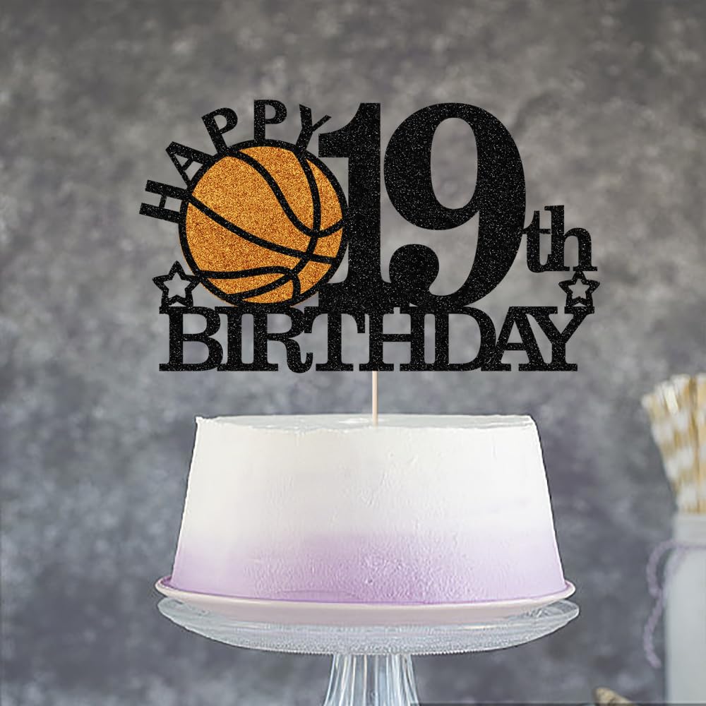 Klionjor Basketball 19th Birthday Topper - Black Glitter | Sports Theme Party Decor