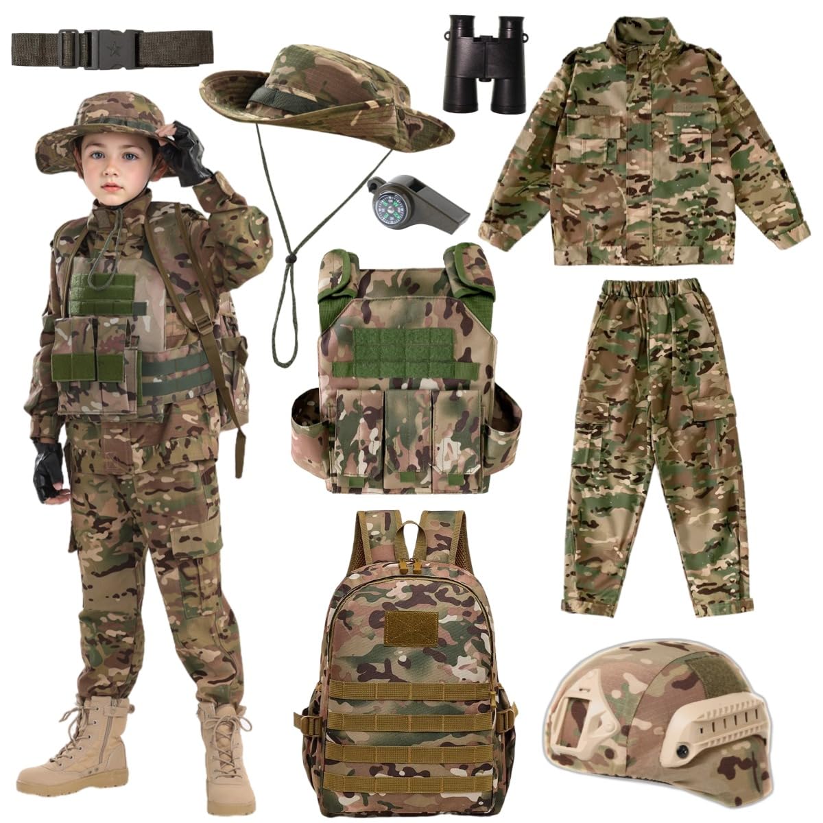 Klocerg Children's Army Special Forces Costume Set – Camouflage Gear with Helmet & Backpack