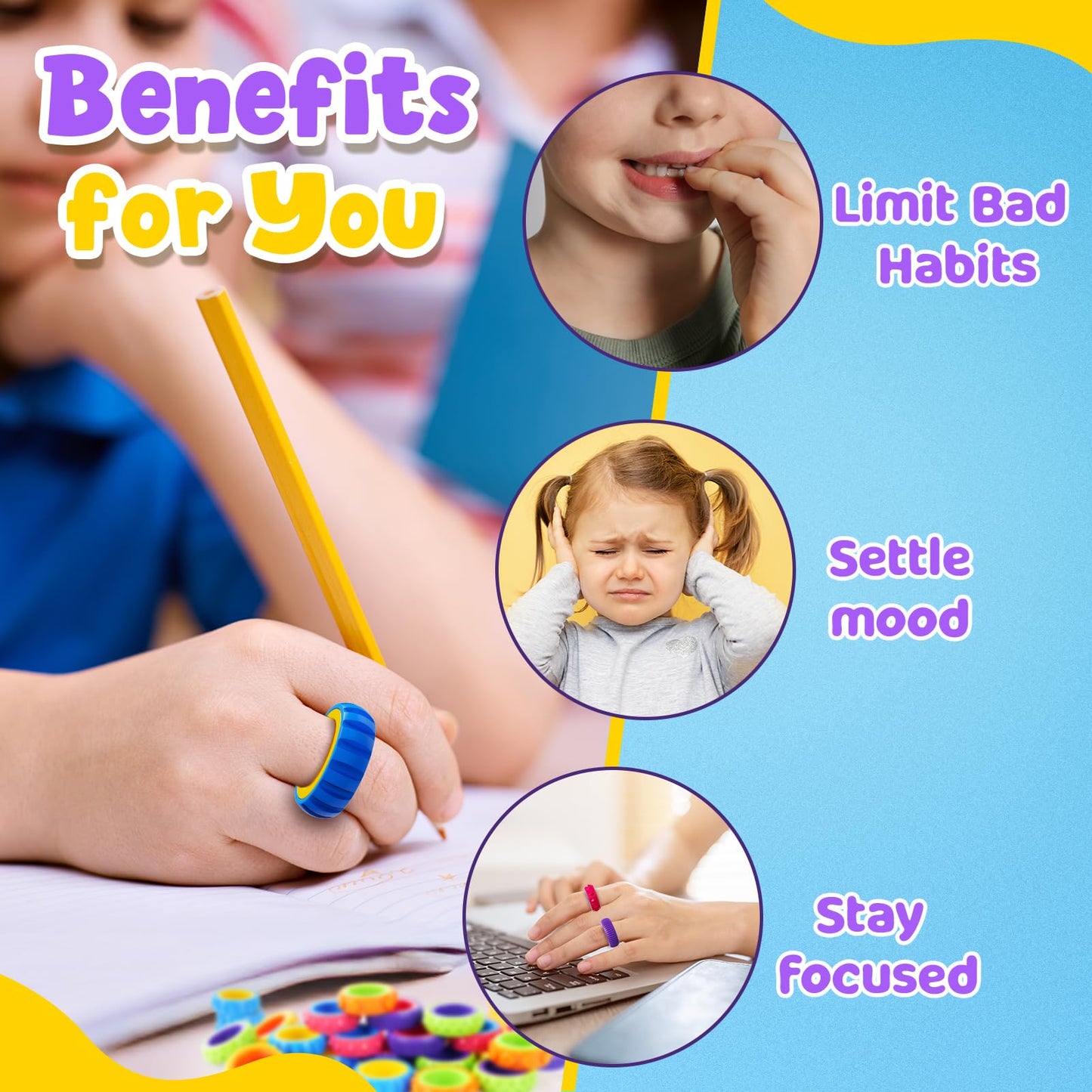 KLT 50-Pack Fidget Spinner Ring for Kids – Quiet Textured Classroom Fidgets