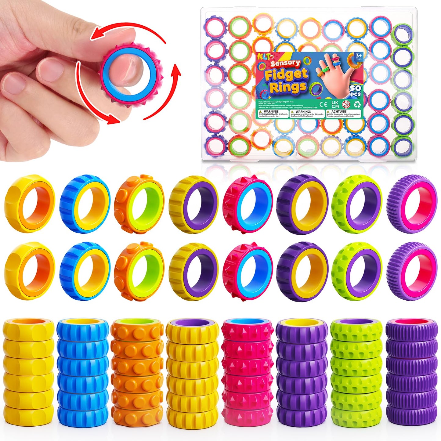 KLT 50-Pack Fidget Spinner Ring for Kids – Quiet Textured Classroom Fidgets