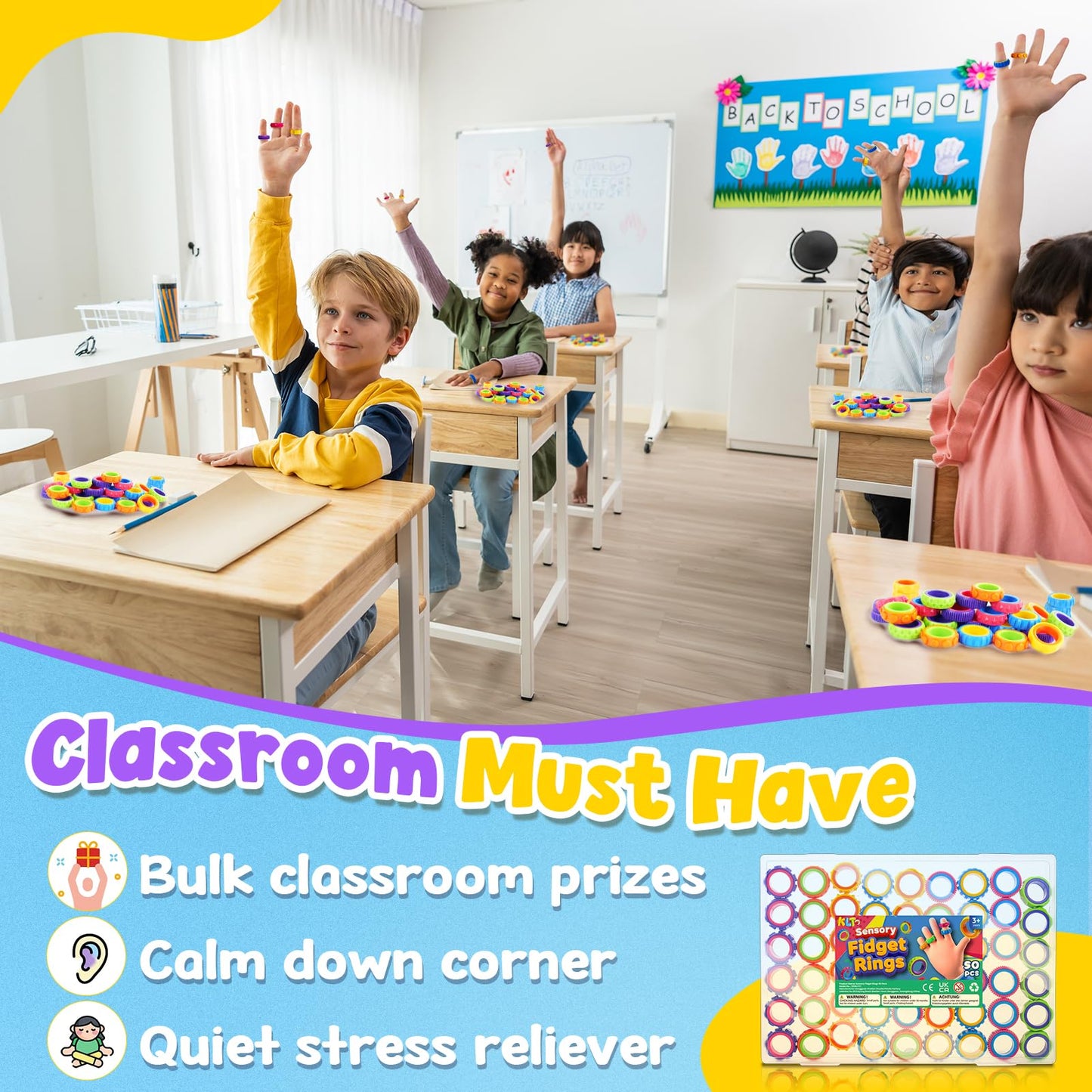 KLT 50-Pack Fidget Spinner Ring for Kids – Quiet Textured Classroom Fidgets