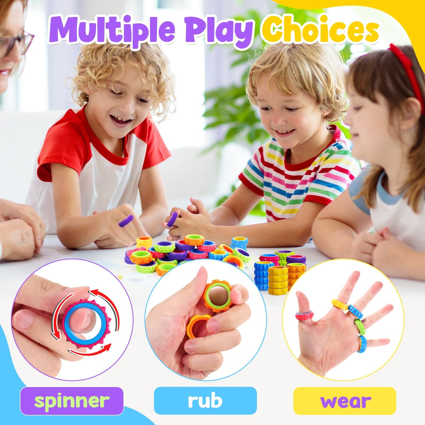 KLT 50-Pack Fidget Spinner Ring for Kids – Quiet Textured Classroom Fidgets