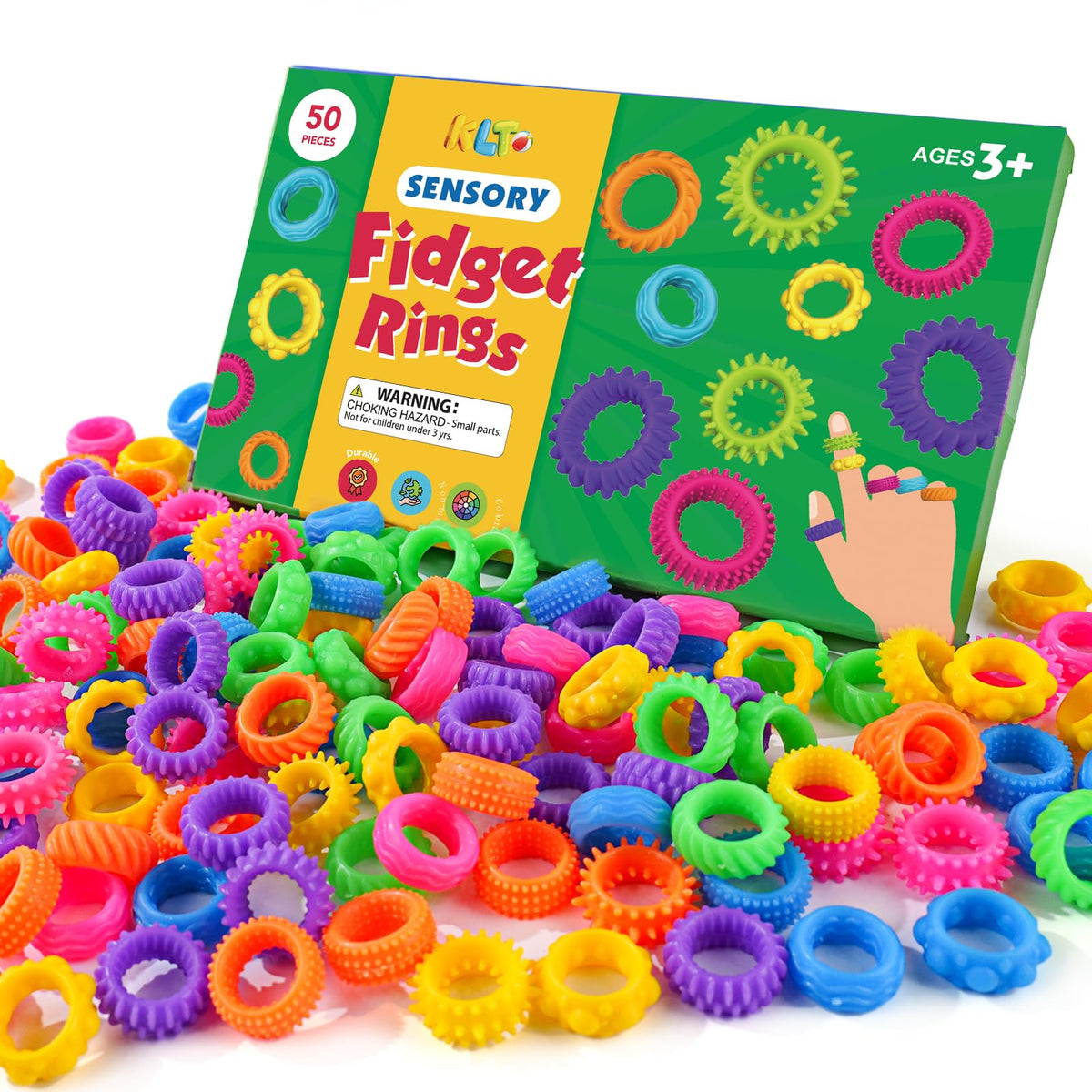 KLT Fidget Rings - 50 Pack Textured Sensory Rings for Kids | Classroom Prizes & Quiet Fidget Toys