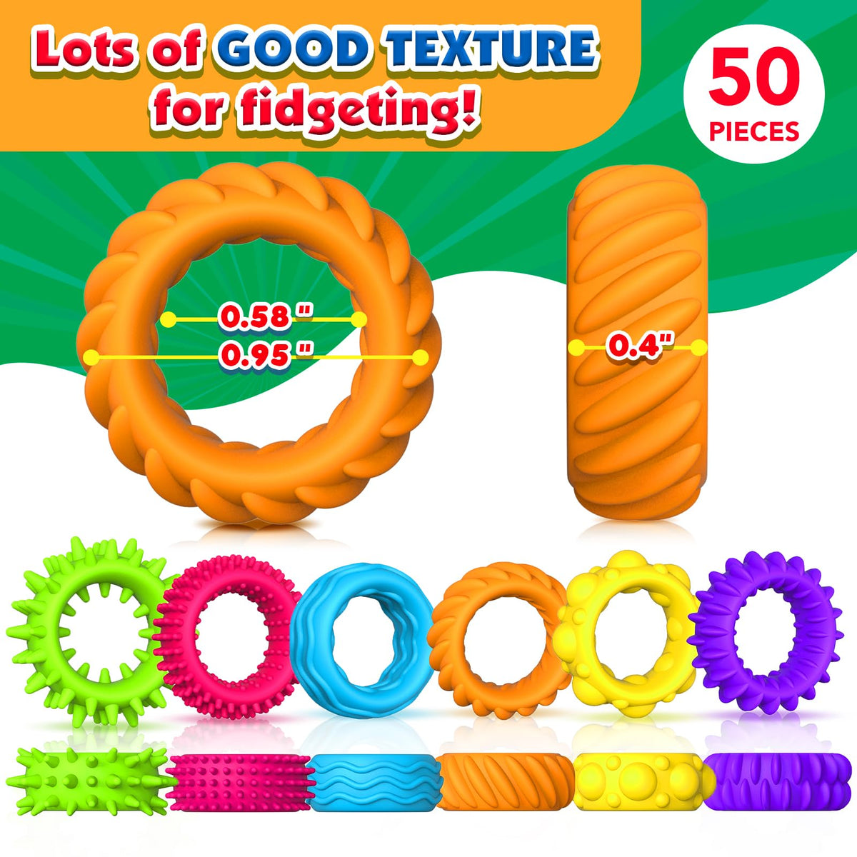 KLT Fidget Rings - 50 Pack Textured Sensory Rings for Kids | Classroom Prizes & Quiet Fidget Toys