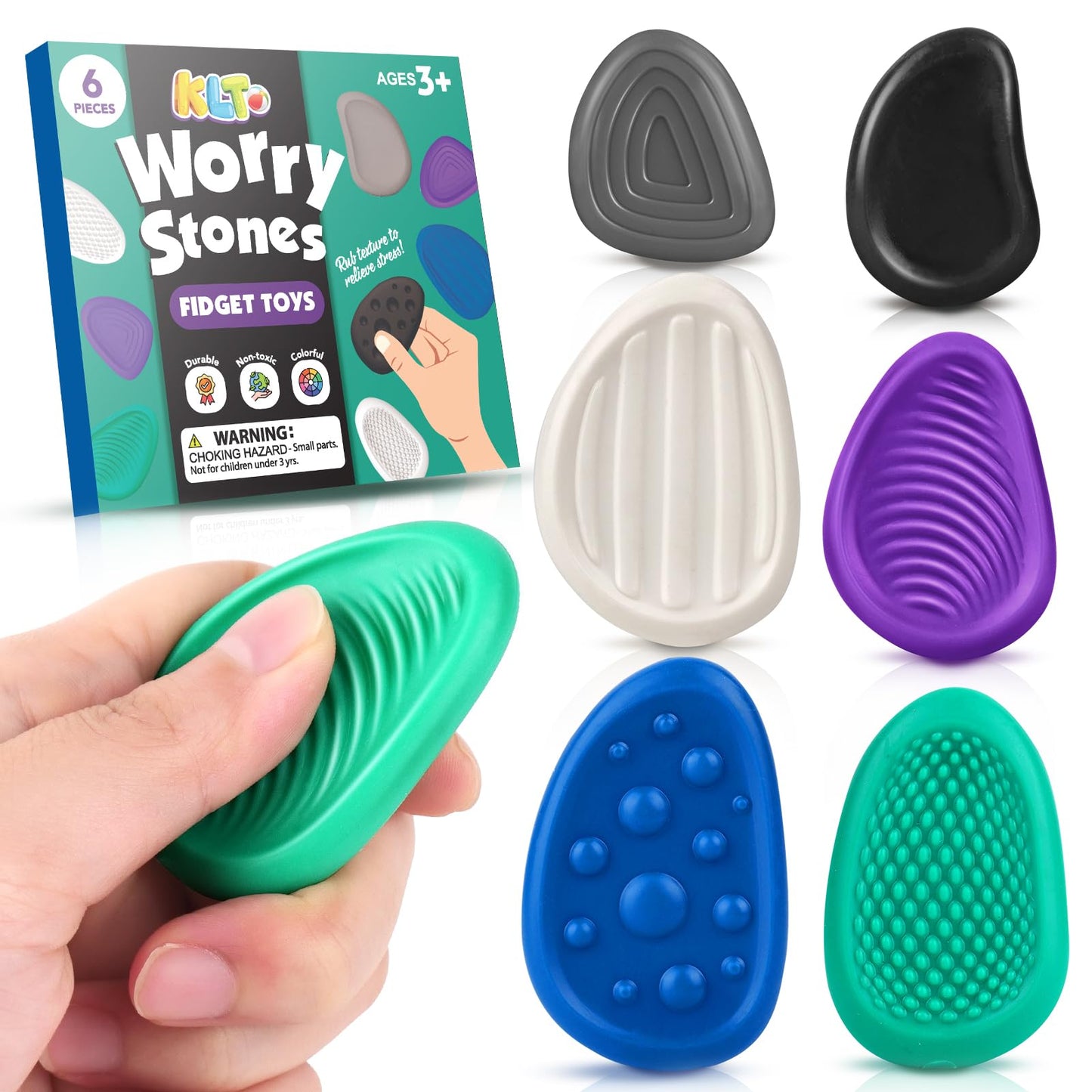 KLT Fidget Toys Adults Sensory Stone – 6 Pack Textured Worry Stones for Focus, Calm, and Discreet Relief