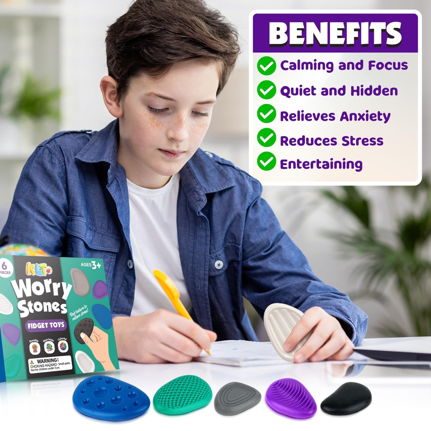 KLT Fidget Toys Adults Sensory Stone – 6 Pack Textured Worry Stones for Focus, Calm, and Discreet Relief
