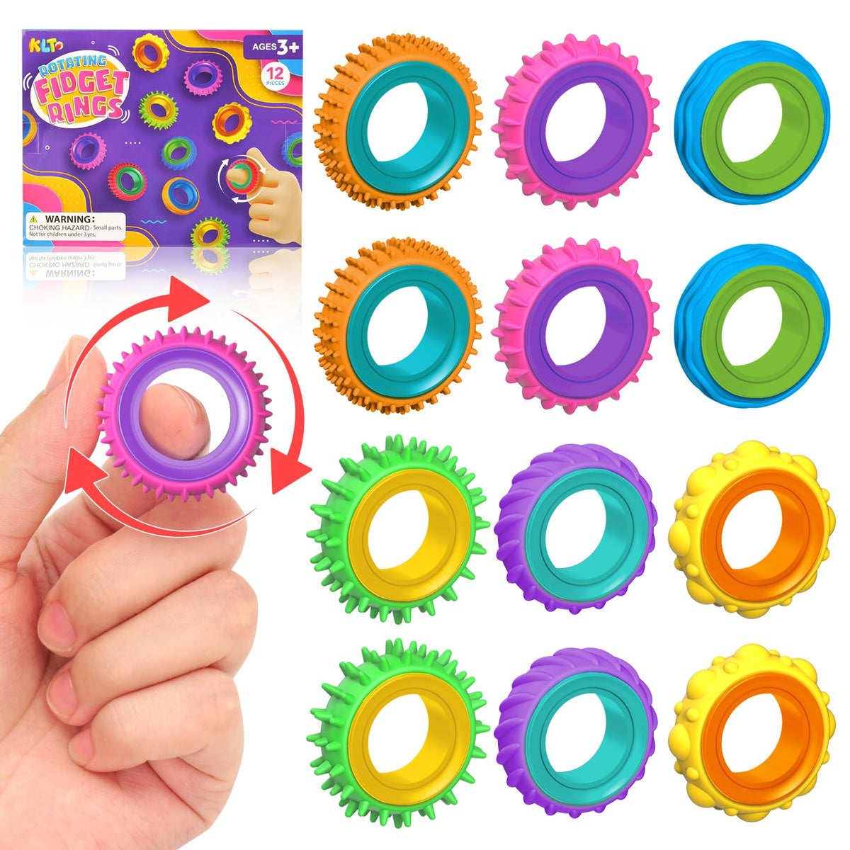 KLT Fidget Toys: 12-Pack Texture Rings for Kids | Calming Sensory Fidgets