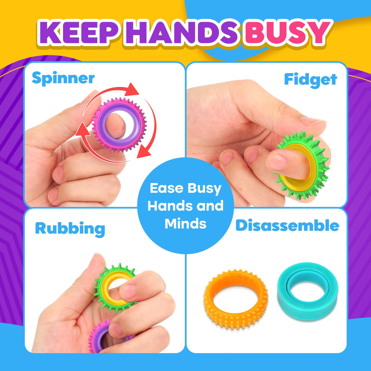 KLT Fidget Toys: 12-Pack Texture Rings for Kids | Calming Sensory Fidgets