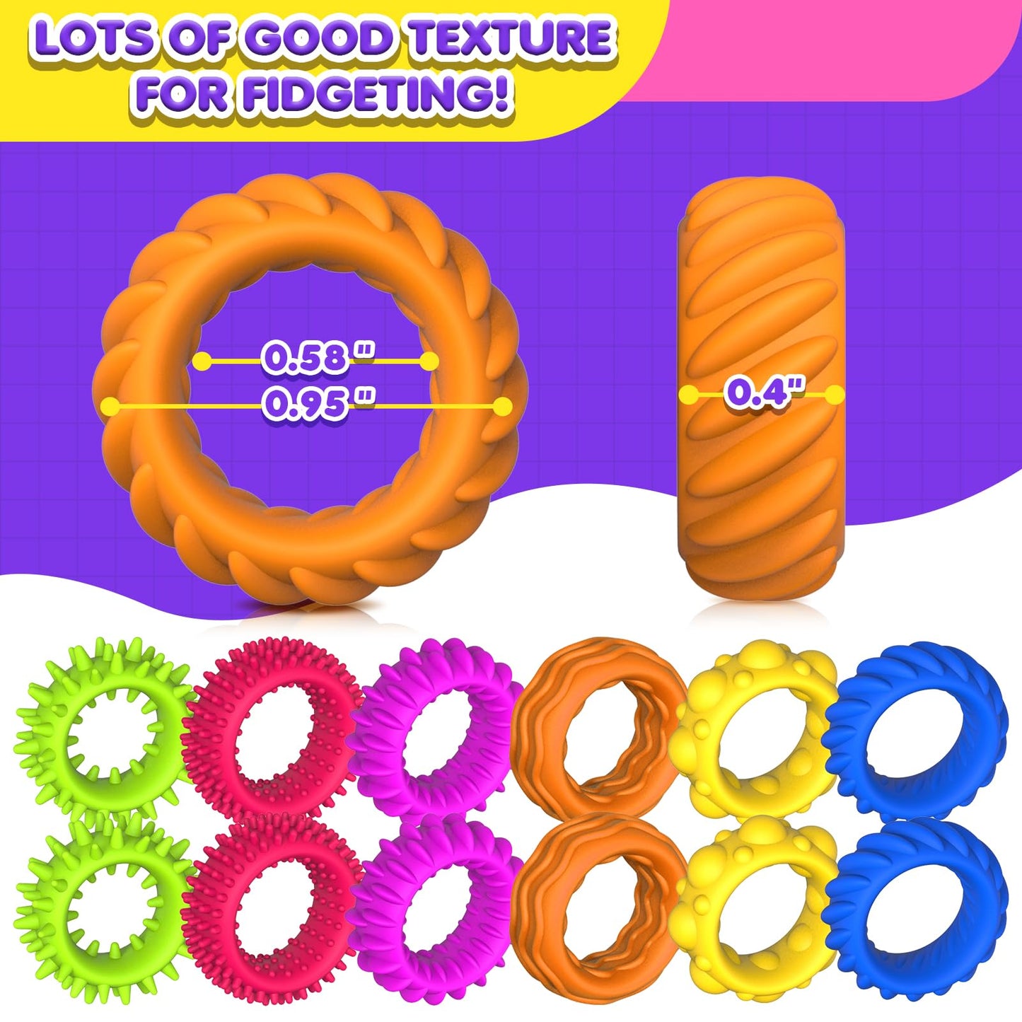 KLT Fidget Rings 18-Pack – Silent Textured Sensory Rings for Kids | Calming Classroom Fidgets