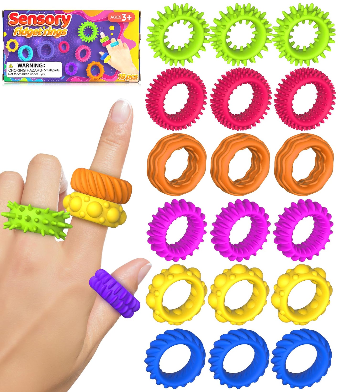 KLT Fidget Rings 18-Pack – Silent Textured Sensory Rings for Kids | Calming Classroom Fidgets