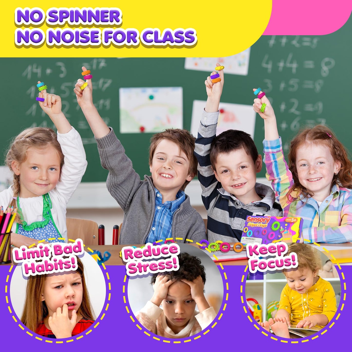 KLT Fidget Rings 18-Pack – Silent Textured Sensory Rings for Kids | Calming Classroom Fidgets