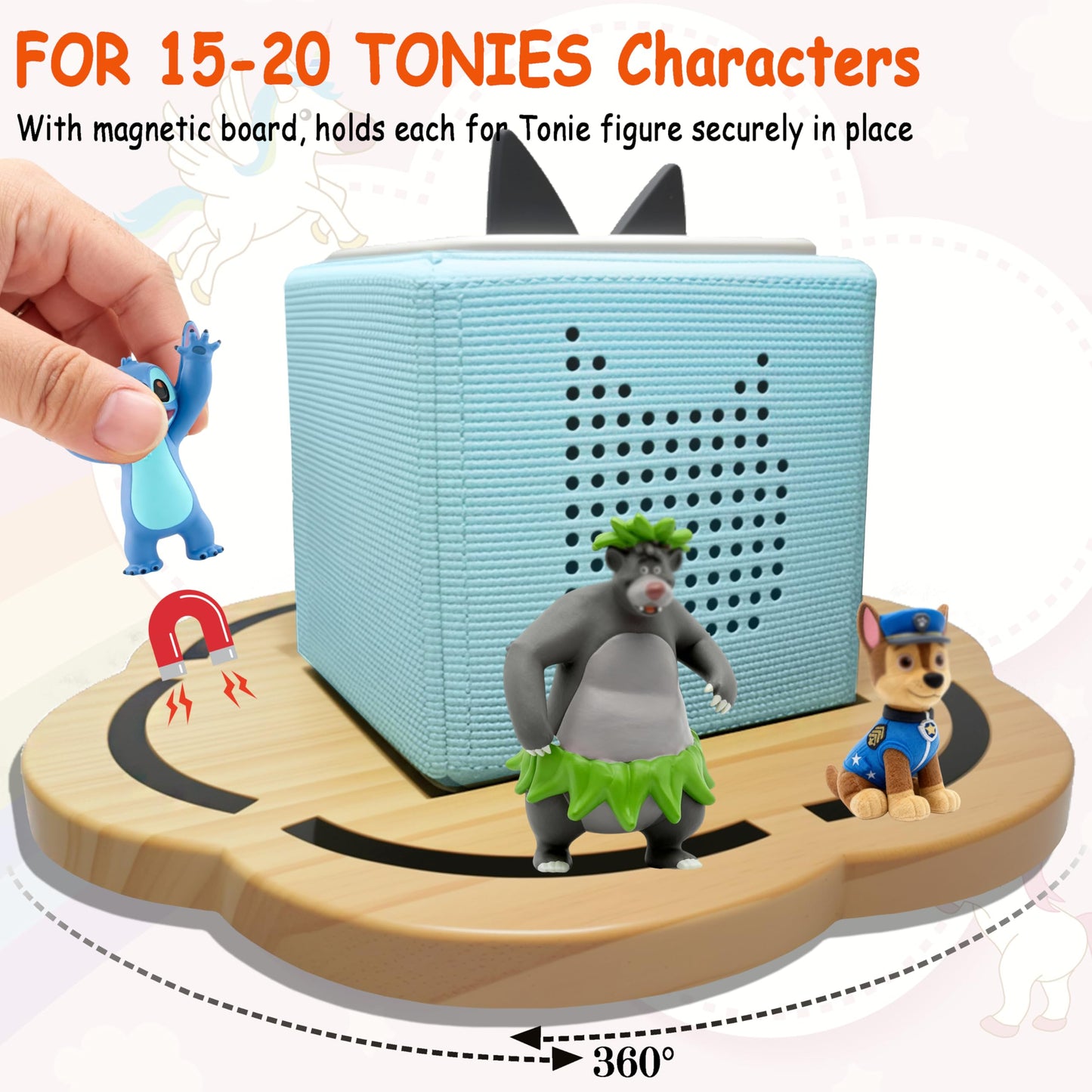 KLUNMA 360° Rotating Magnetic Pine Tonies Shelf for Toniebox 1 & 2 – Petal-Shaped, Holds 10–20 Figures