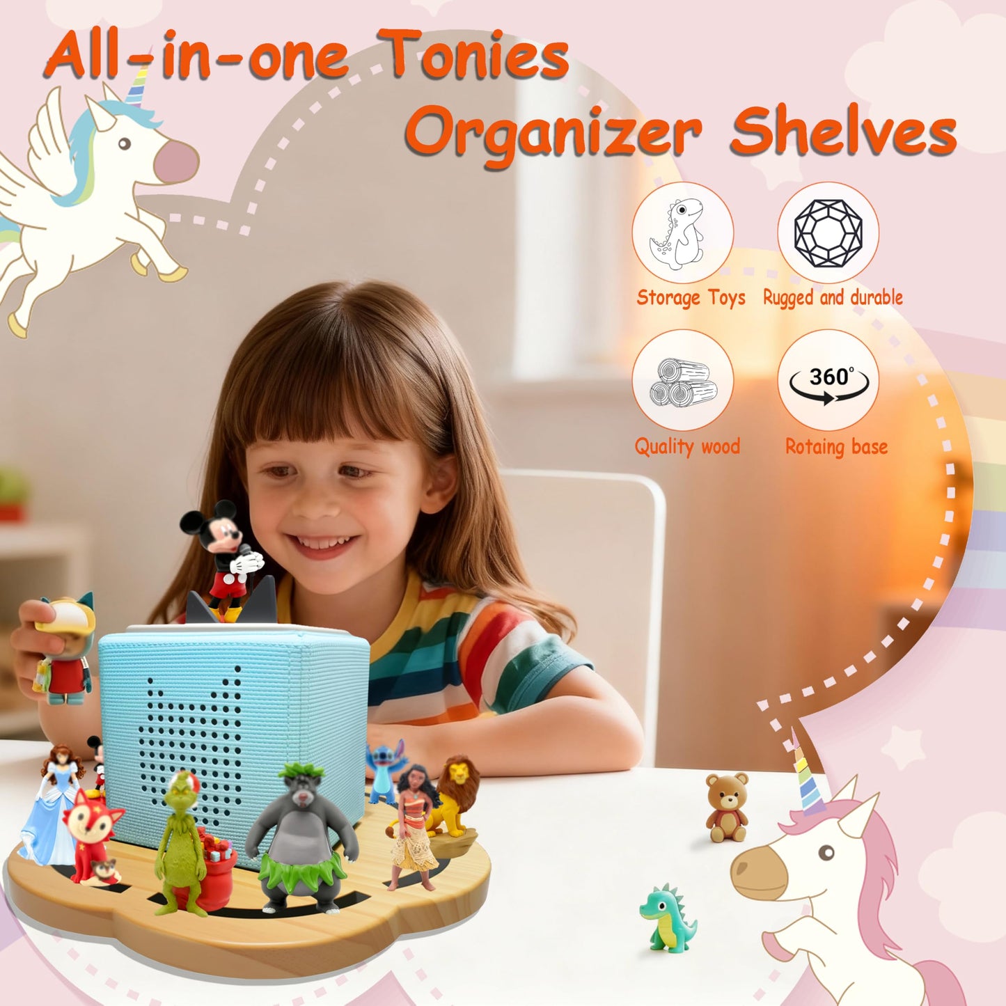 KLUNMA 360° Rotating Magnetic Pine Tonies Shelf for Toniebox 1 & 2 – Petal-Shaped, Holds 10–20 Figures
