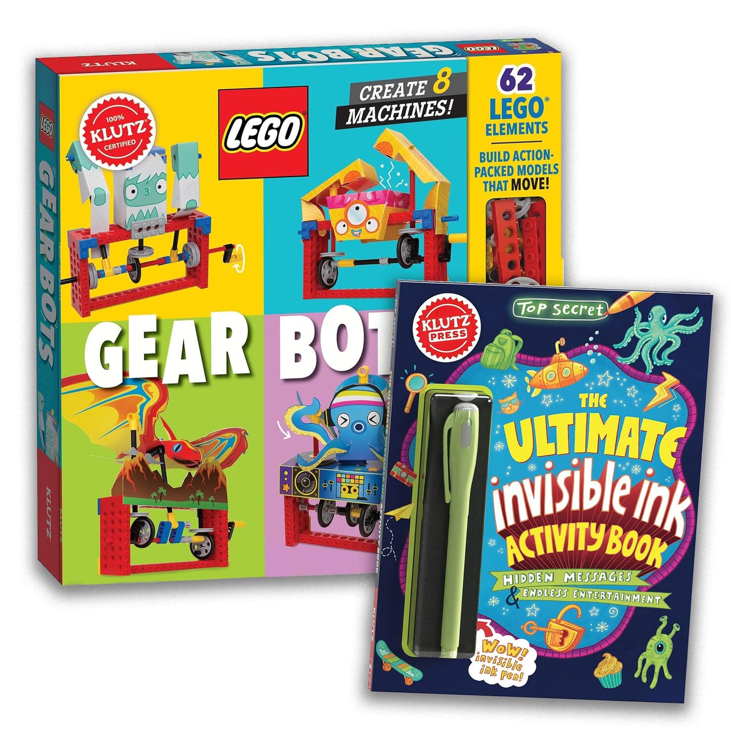 Klutz Lego Gear Bots Science Kit + Invisible Ink Activity Book | 62 Elements, 8 Moving Machines