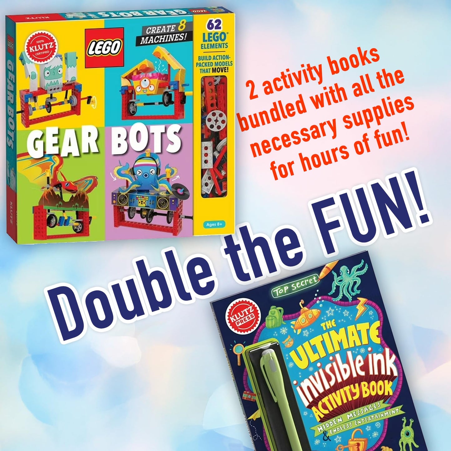 Klutz Lego Gear Bots Science Kit + Invisible Ink Activity Book | 62 Elements, 8 Moving Machines
