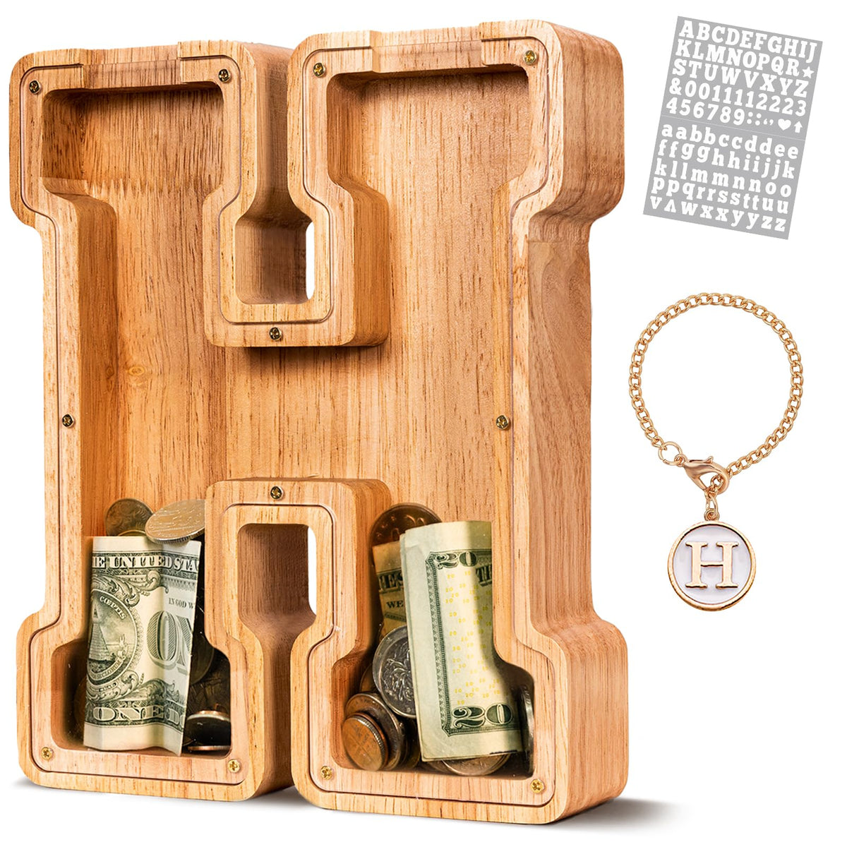 KMC Wooden Letter Piggy Bank — Personalized Initial Kid's Bank in Oak, 9-Inch with Clear Panel