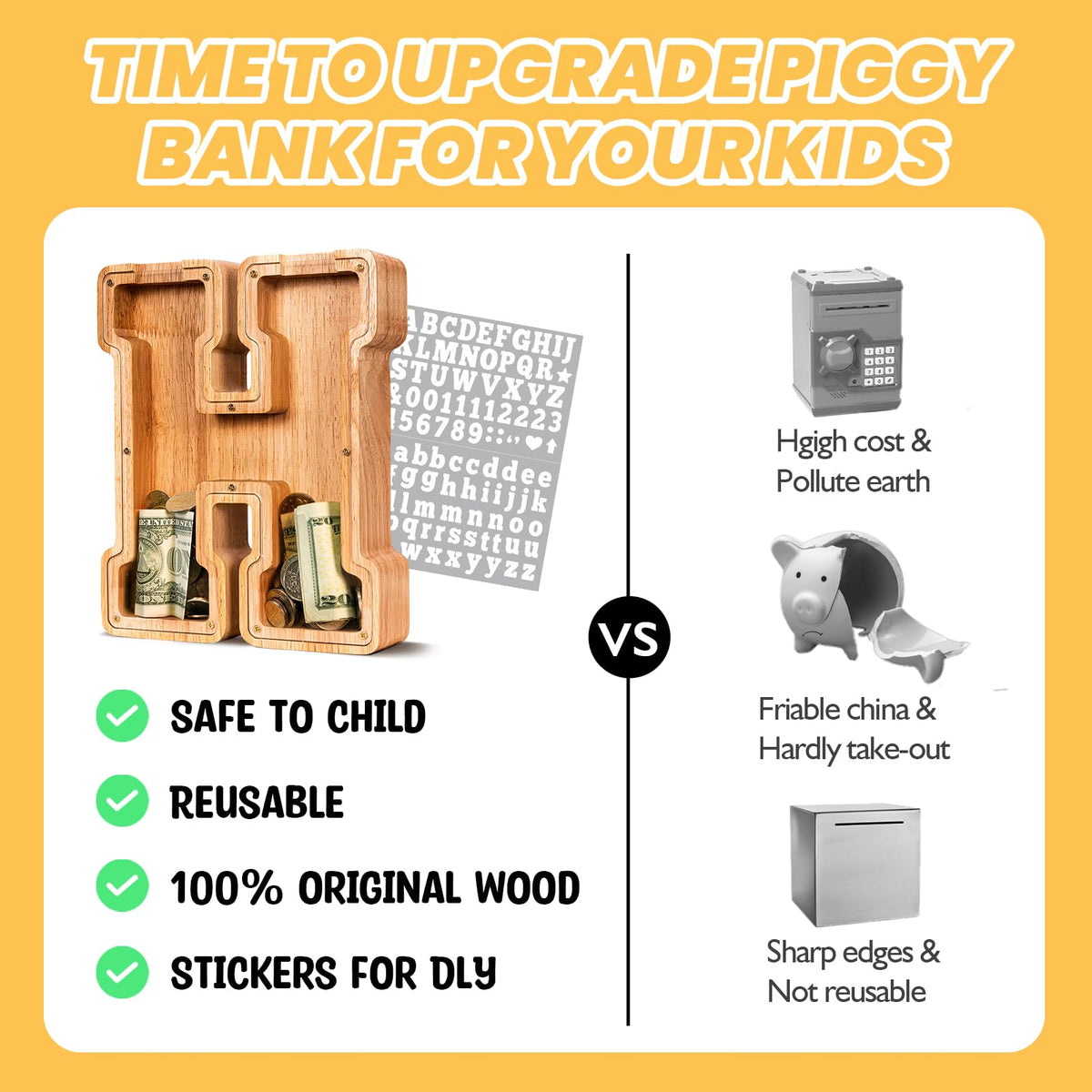 KMC Wooden Letter Piggy Bank — Personalized Initial Kid's Bank in Oak, 9-Inch with Clear Panel