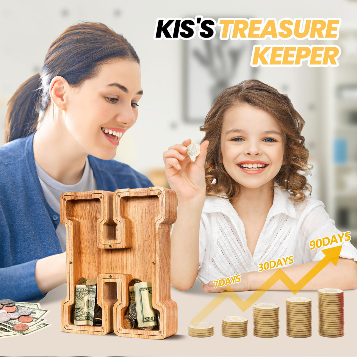 KMC Wooden Letter Piggy Bank — Personalized Initial Kid's Bank in Oak, 9-Inch with Clear Panel