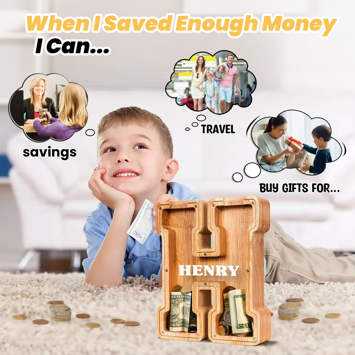 KMC Wooden Letter Piggy Bank — Personalized Initial Kid's Bank in Oak, 9-Inch with Clear Panel